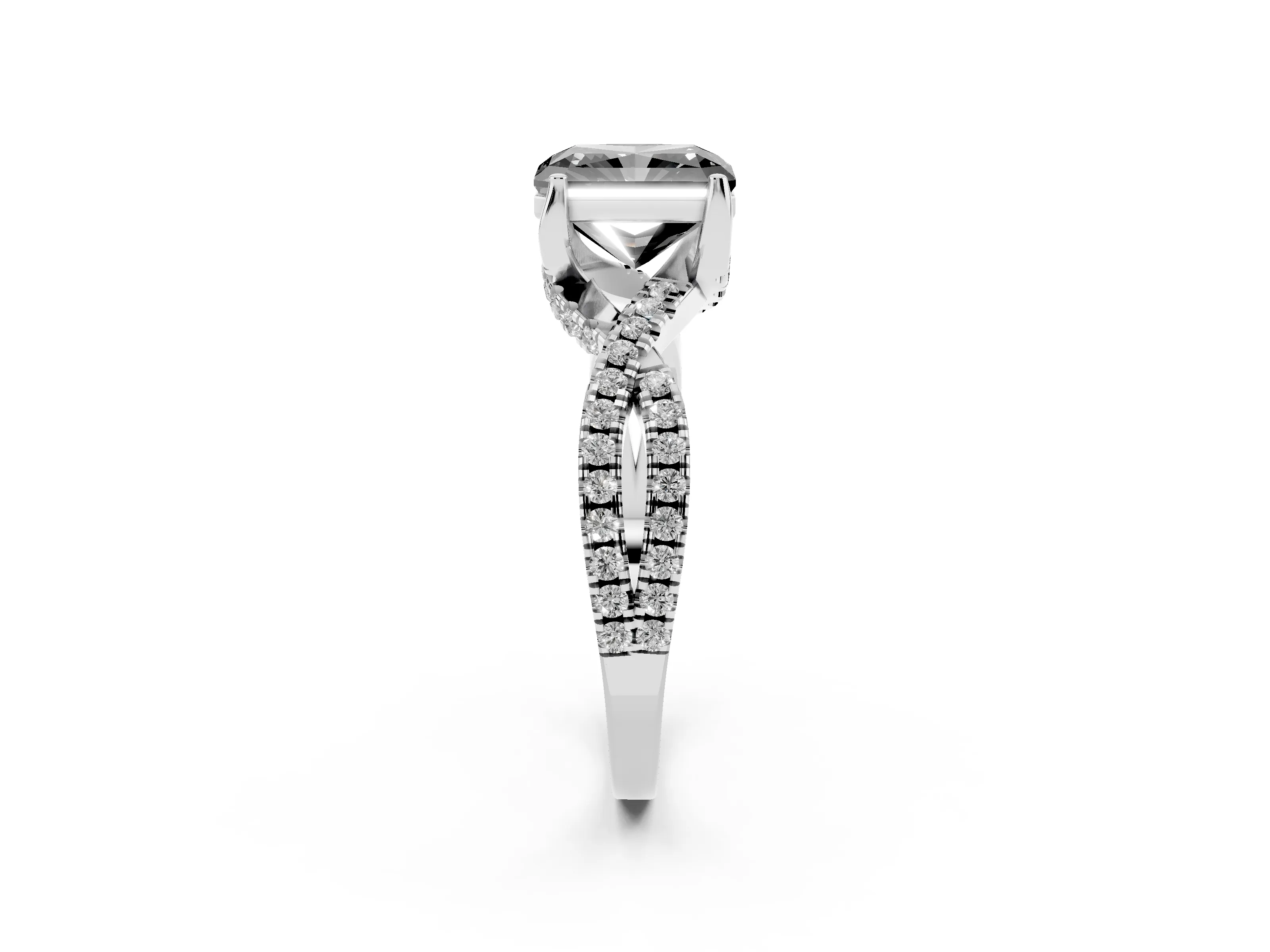 Fancy Black Radiant Cut Diamond Twist Pavé Solitaire Engagement Ring Set in Platinum with Prong Setting