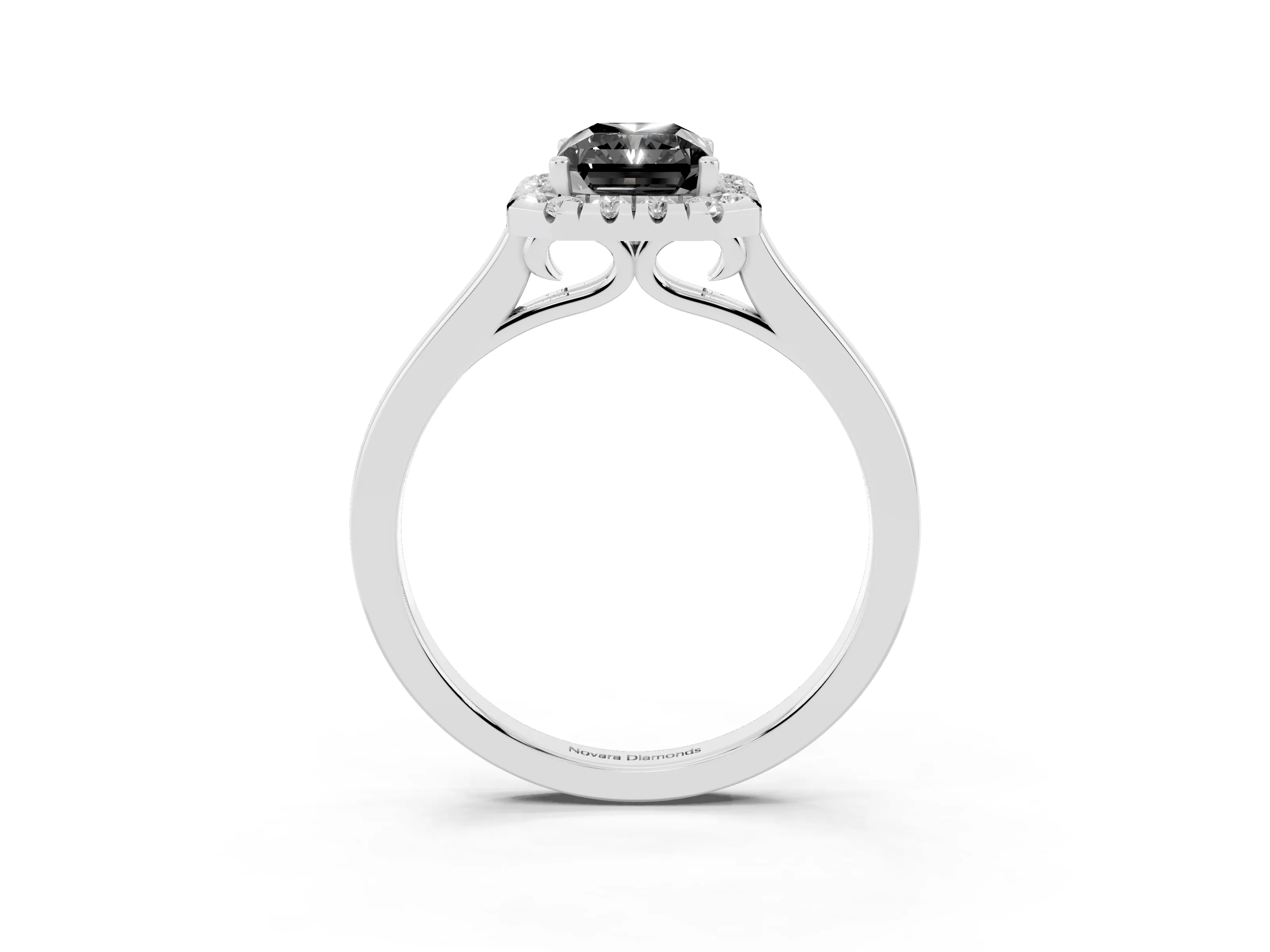 Fancy Black Radiant Cut Halo Round Diamond Solitaire Ring Set in Silver with Pavé Band and Prong Setting