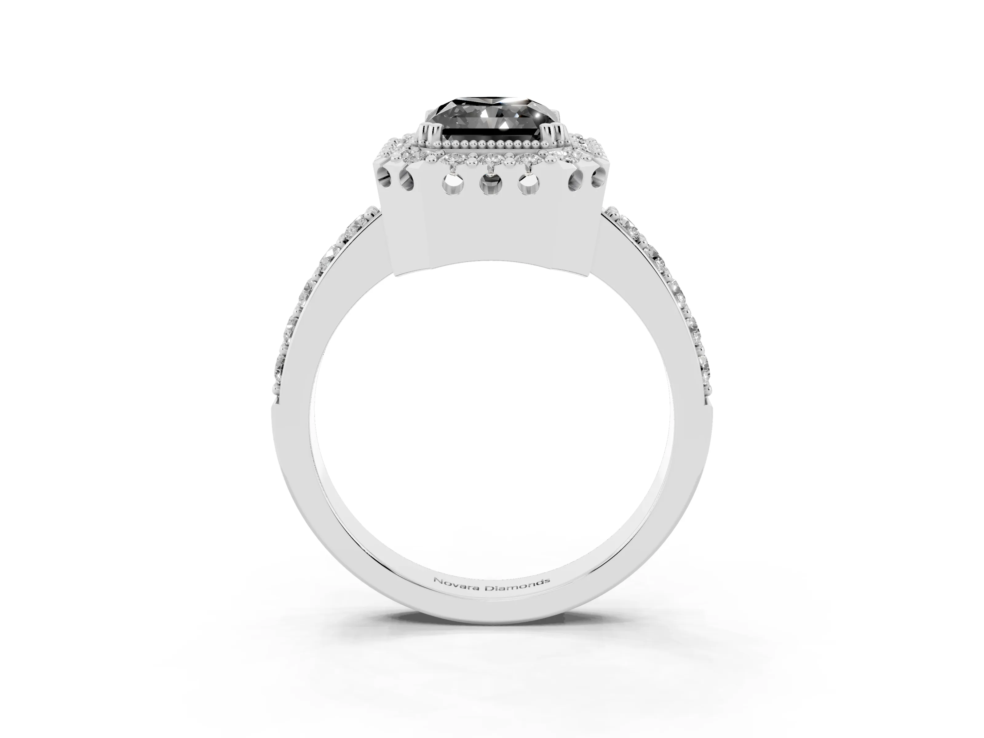 Fancy Black Radiant Cut Diamond Halo Ring Set in Silver with Pavé Shank and Prong Setting