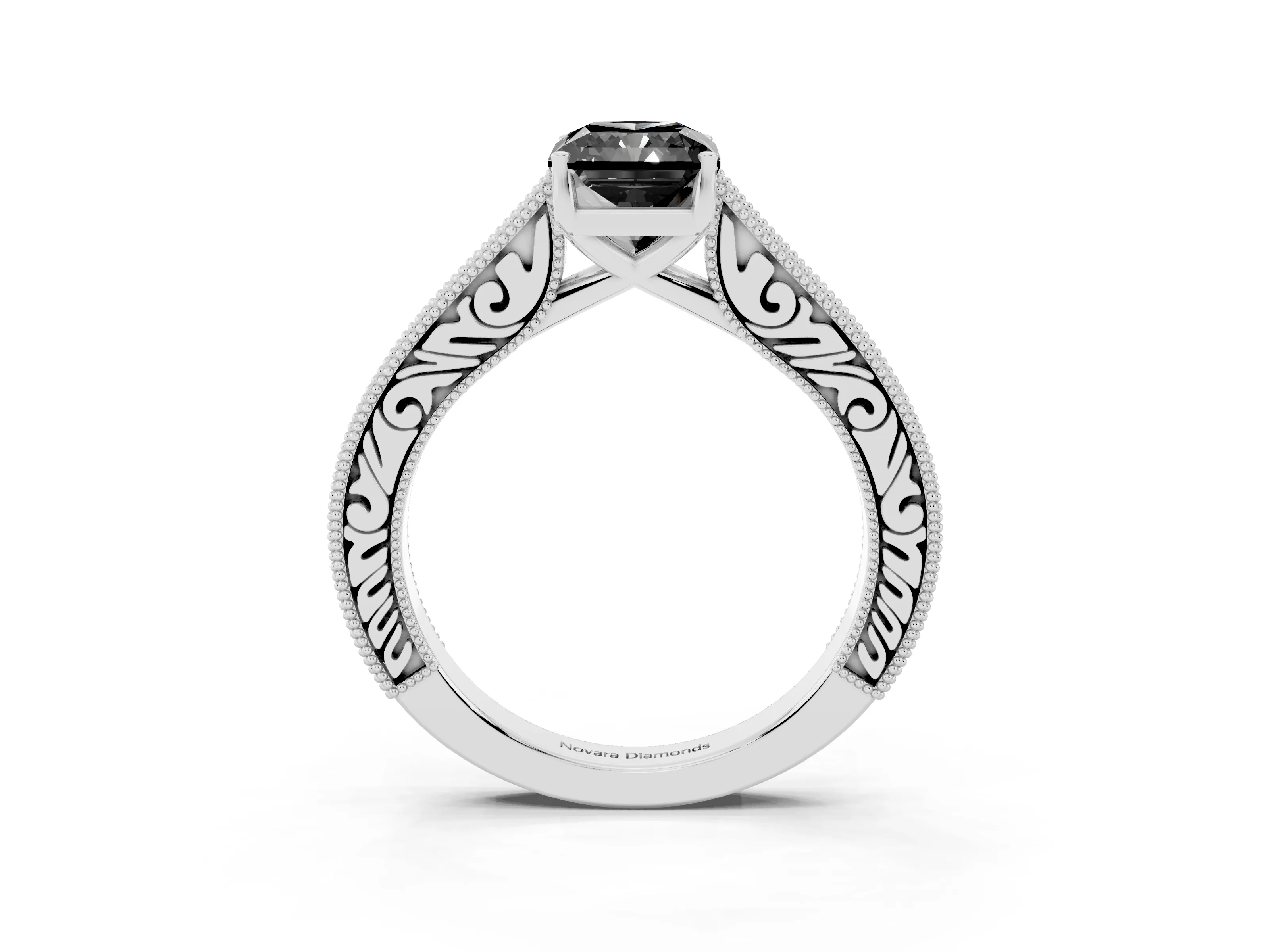 Fancy Black Radiant Cut Diamond Milgrain Pavé Band Solitaire Ring Set in Silver with Prong Setting