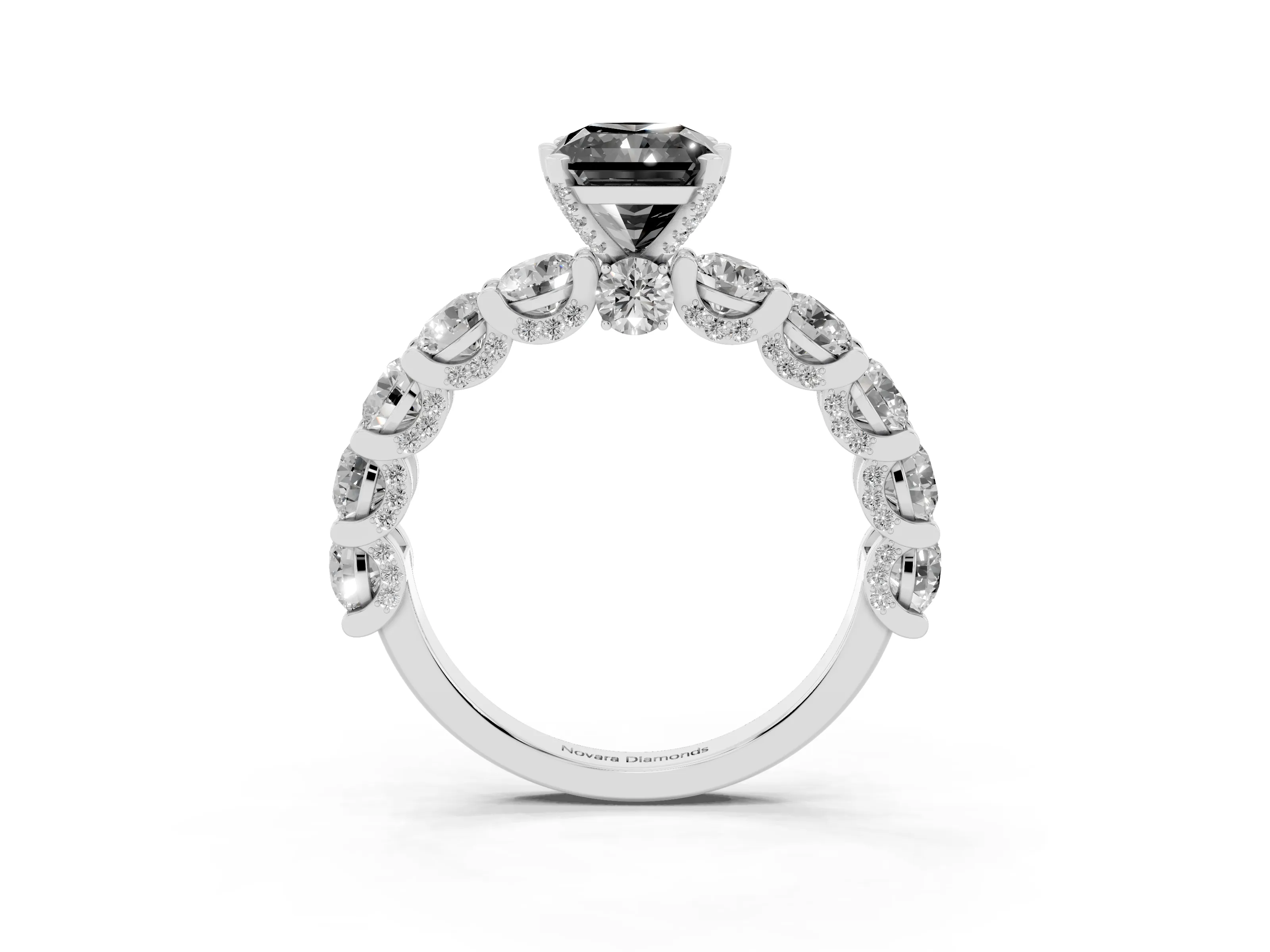 Fancy Black Radiant Cut Diamond Side Stone Ring Set in Silver with Alternating Round and Oval Side Stones