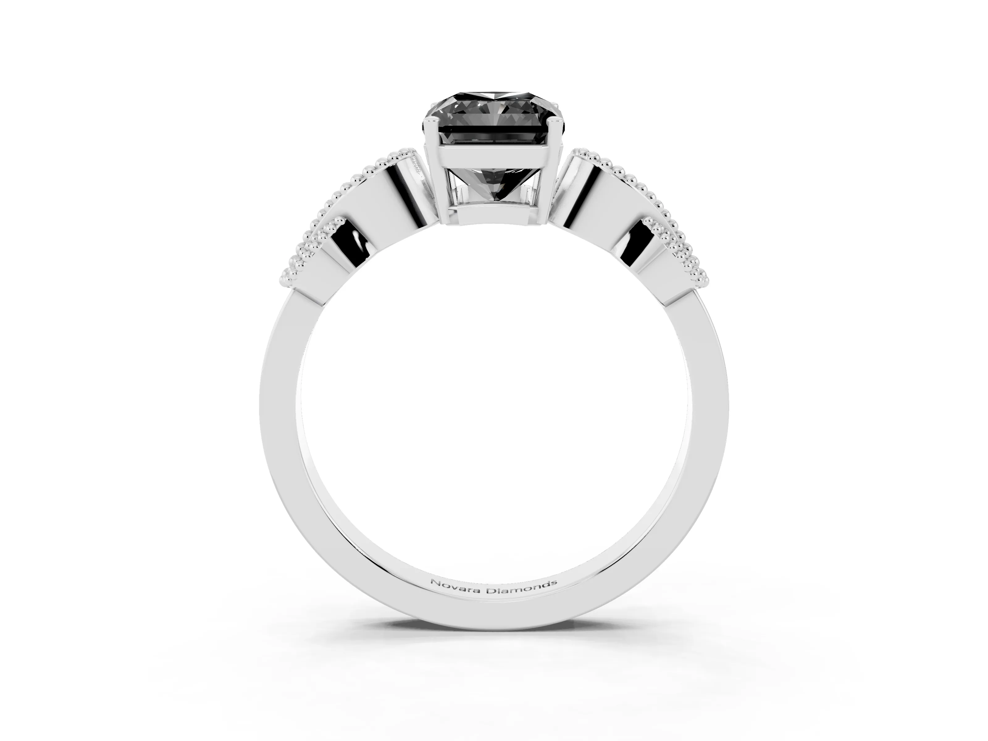 Fancy Black Radiant Cut Diamond Milgrain Leaf Band Solitaire Ring Set in White gold with Accent Stones and Prong Setting