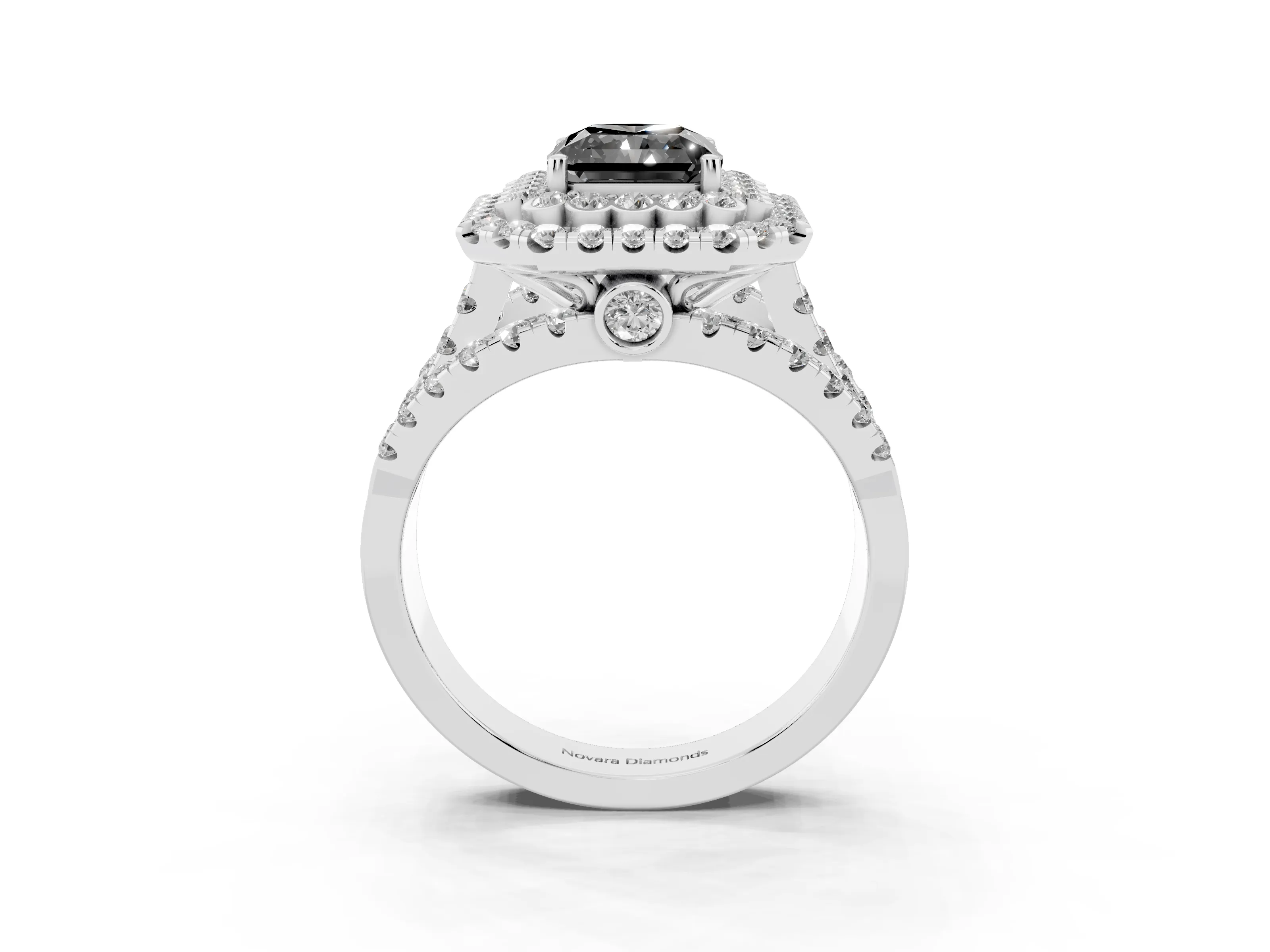 Fancy Black Radiant Cut Diamond Double Halo Ring Set in White gold with Round Pavé Split Shank