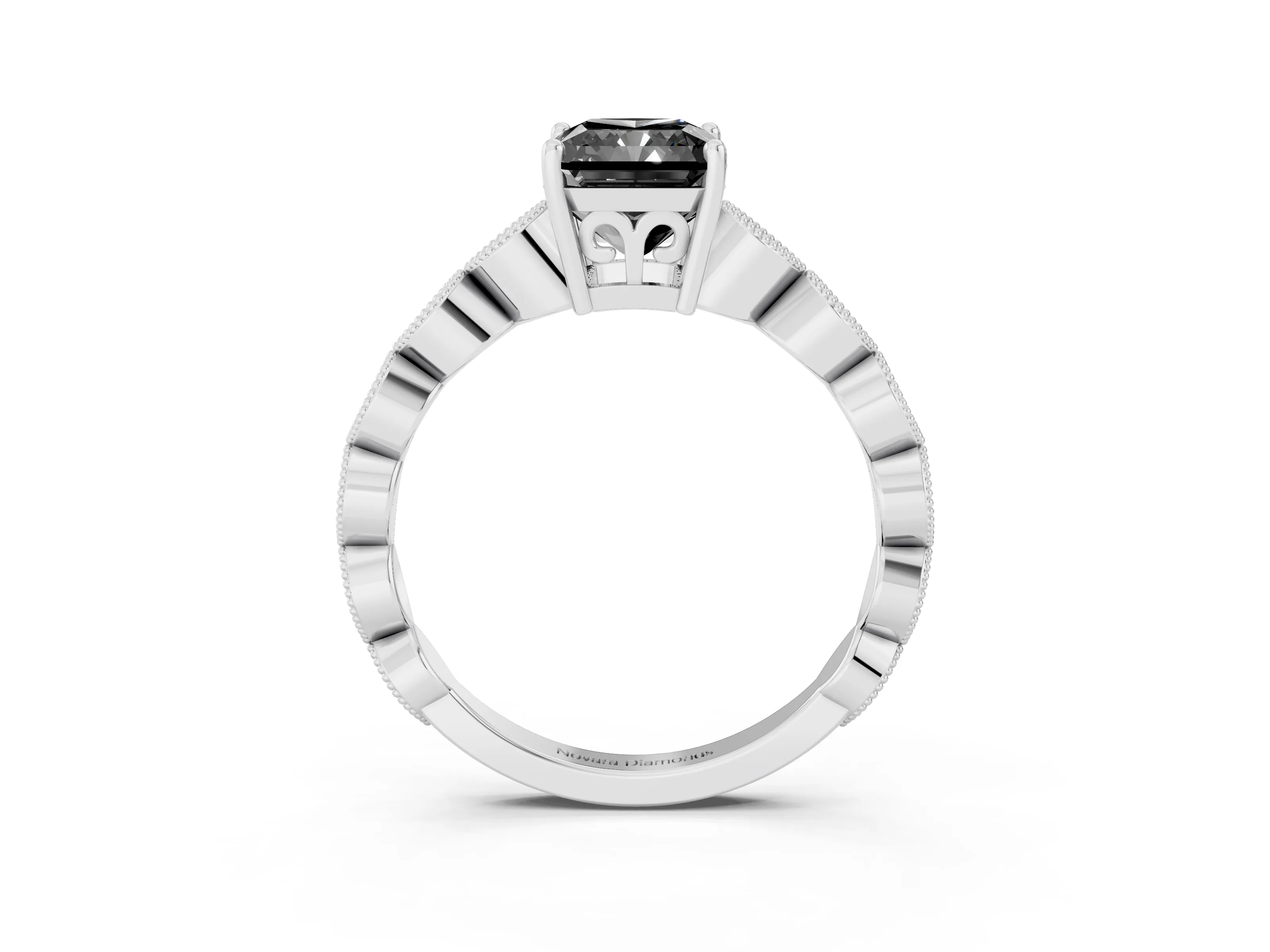 Fancy Black Radiant Cut Diamond Solitaire Ring Set in Silver with Infinity Twist Pavé Band