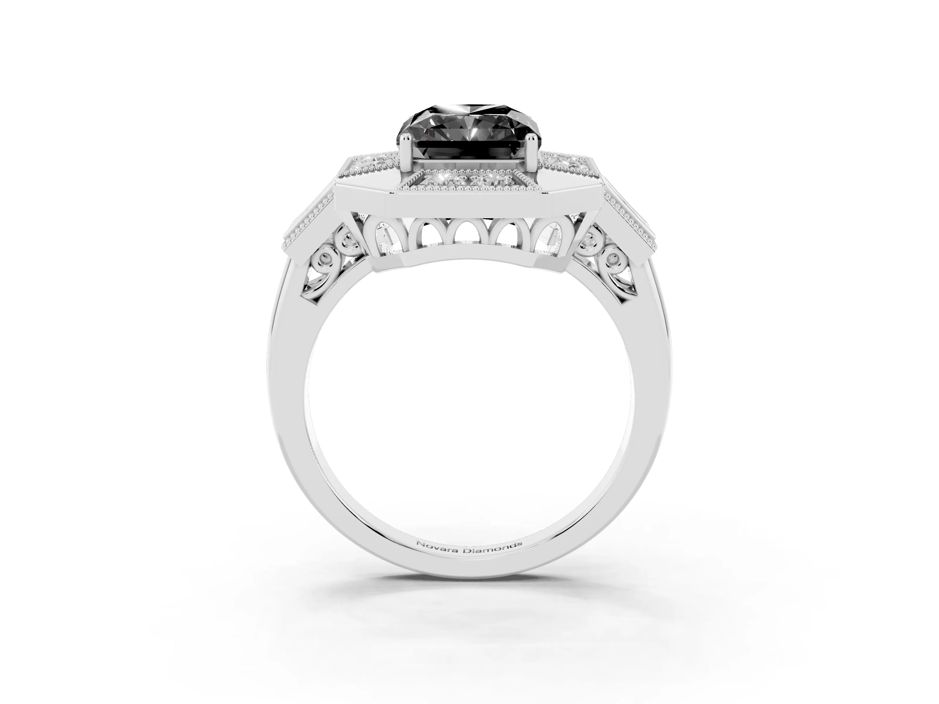Fancy Black Radiant Cut Diamond Milgrain Halo Ring Set in Silver with Split Shank