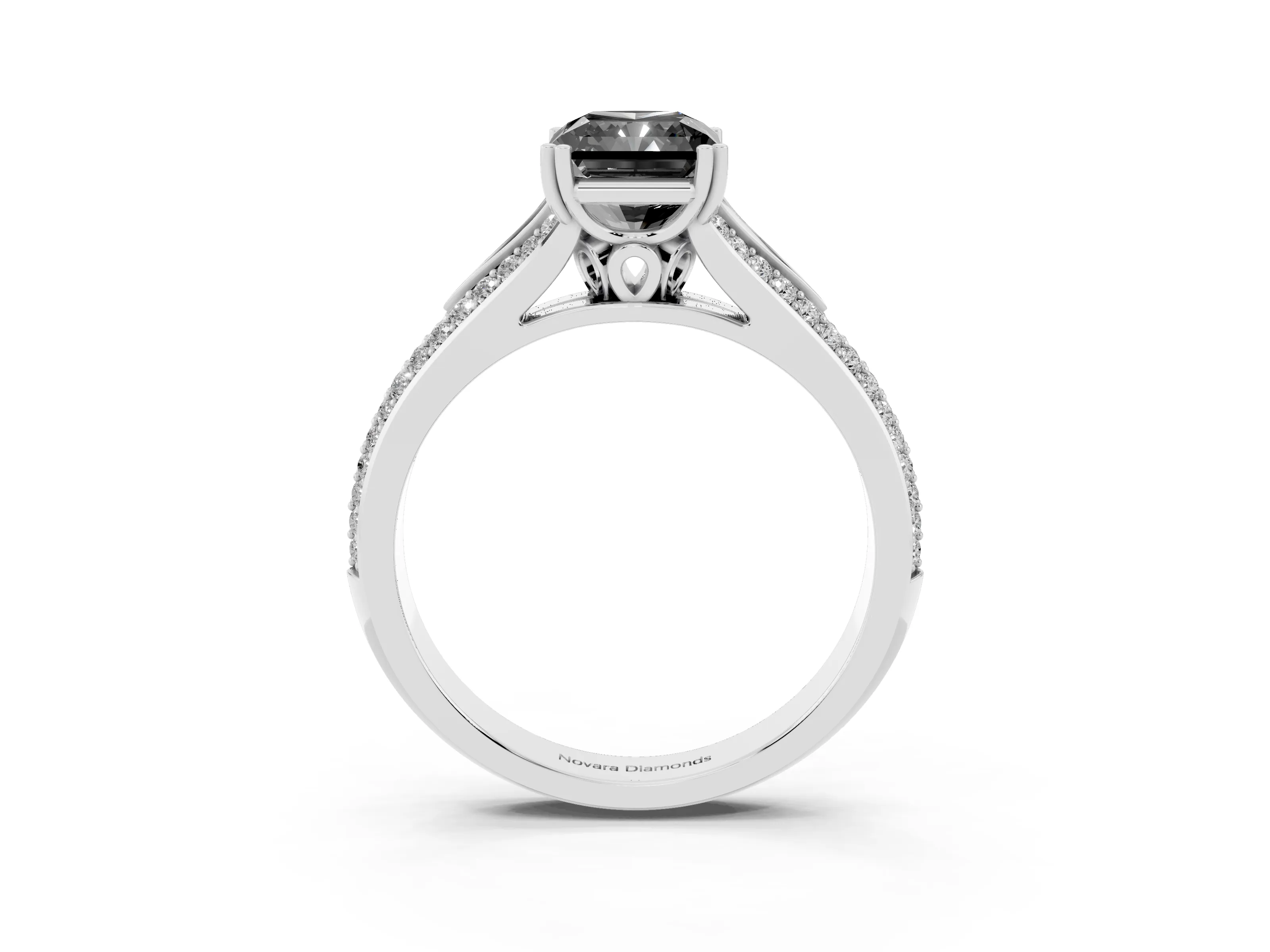 Fancy Black Radiant Cut Diamond Split Shank Pavé Engagement Ring Set in Silver with Prong-Set Center Stone