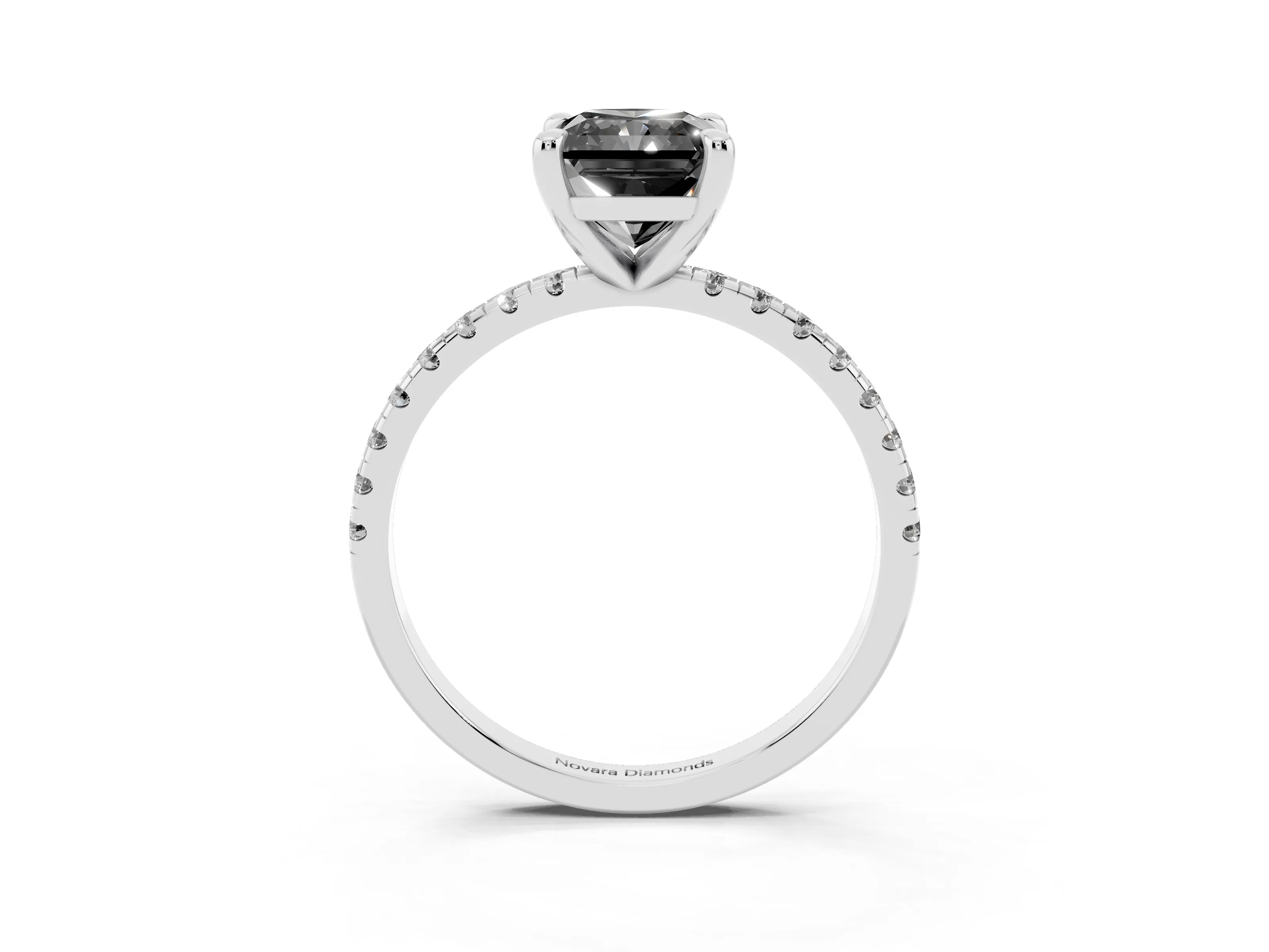 Fancy Black Radiant Cut Diamond Brilliant Solitaire Ring Set in Platinum with Pavé Band and Prong Setting