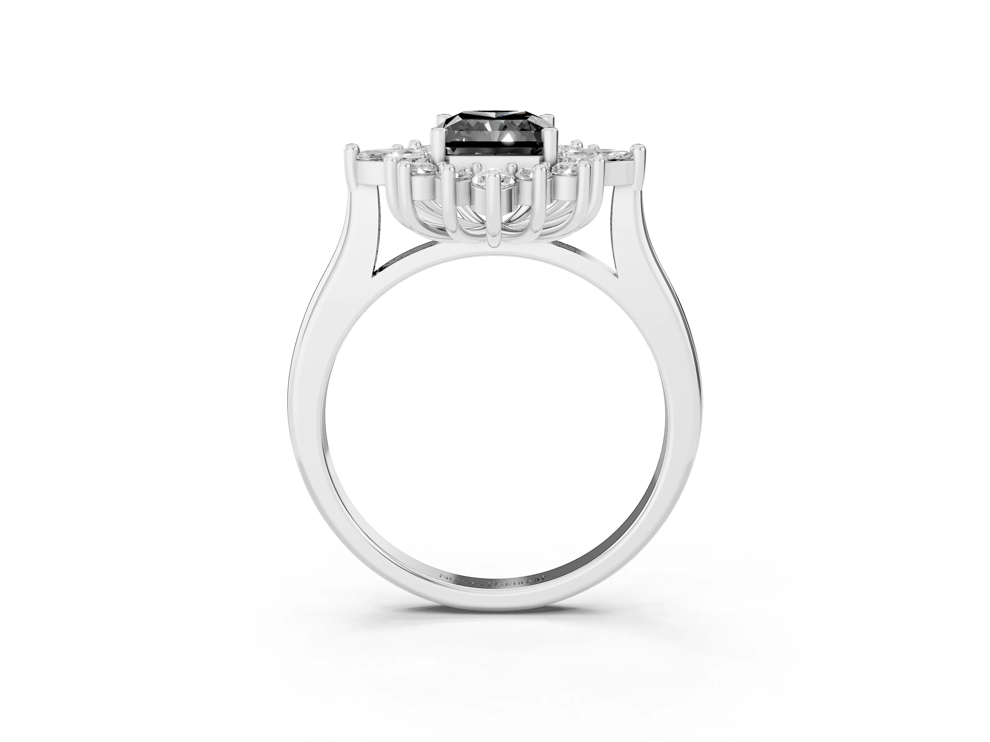 Fancy Black Radiant Cut Diamond Cluster Halo Ring Set in Platinum with Marquise and Round Accents