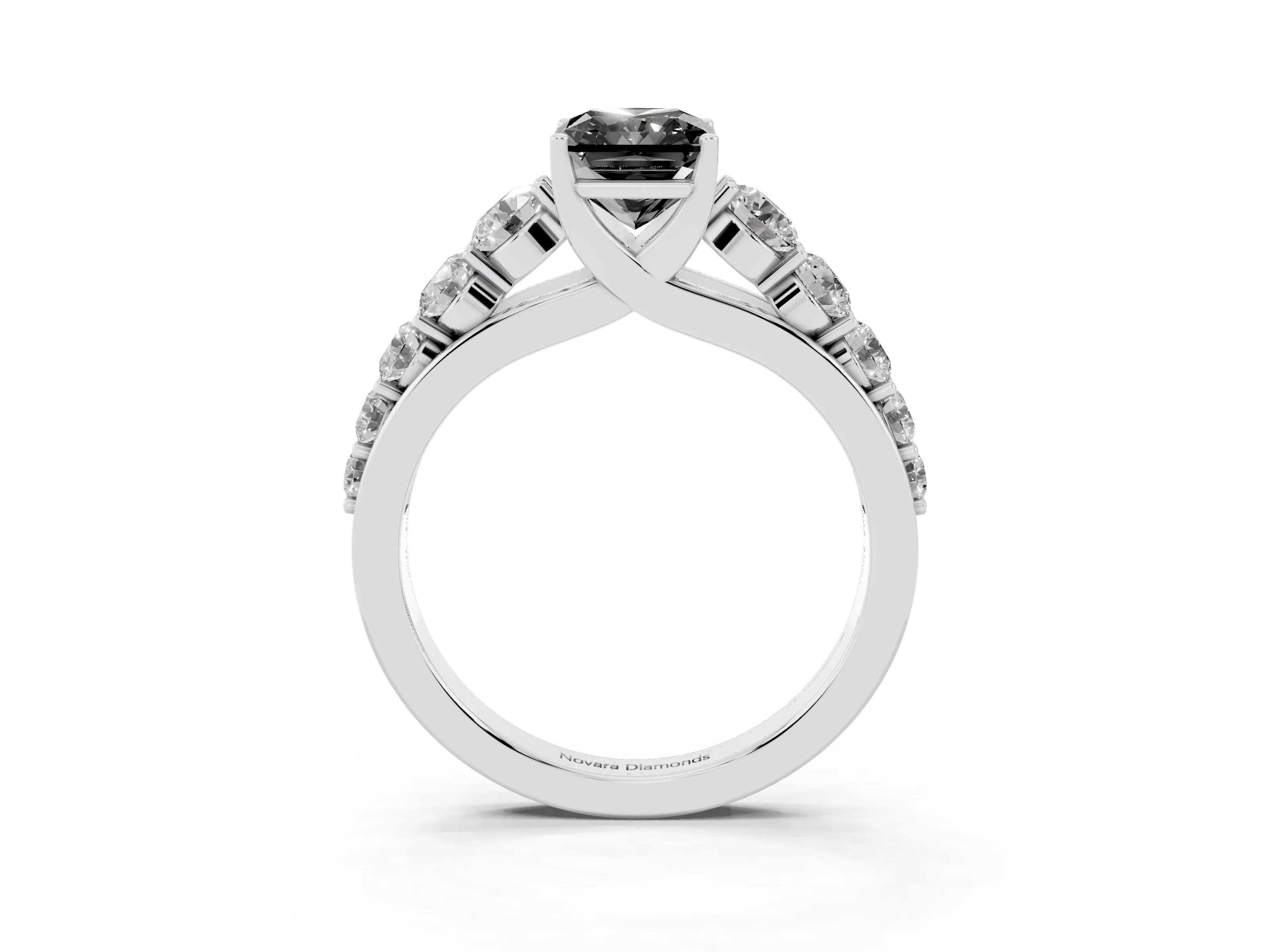 Fancy Black Radiant Cut Diamond Solitaire Ring Set in Silver with Pavé-Set Band and Prong Setting