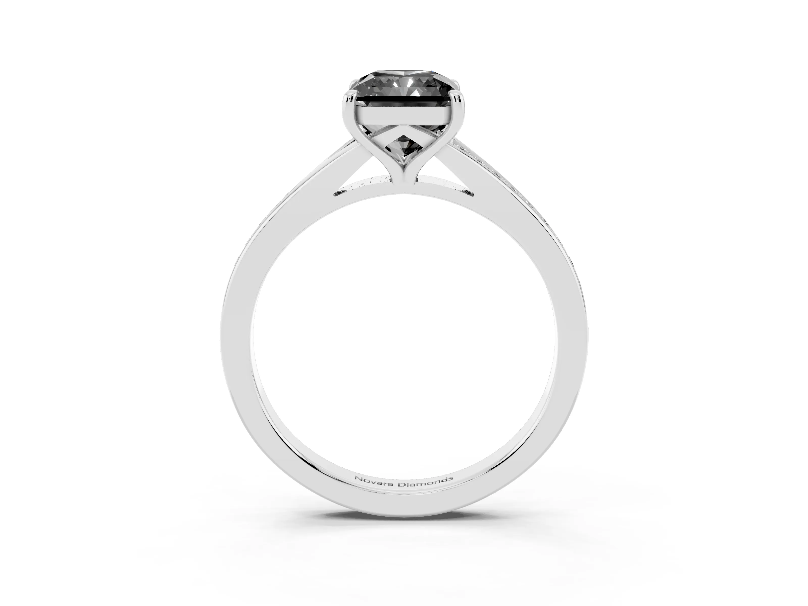 Fancy Black Radiant Cut Diamond Solitaire Ring Set in White gold with Pavé Accent Band and Classic Prong Setting