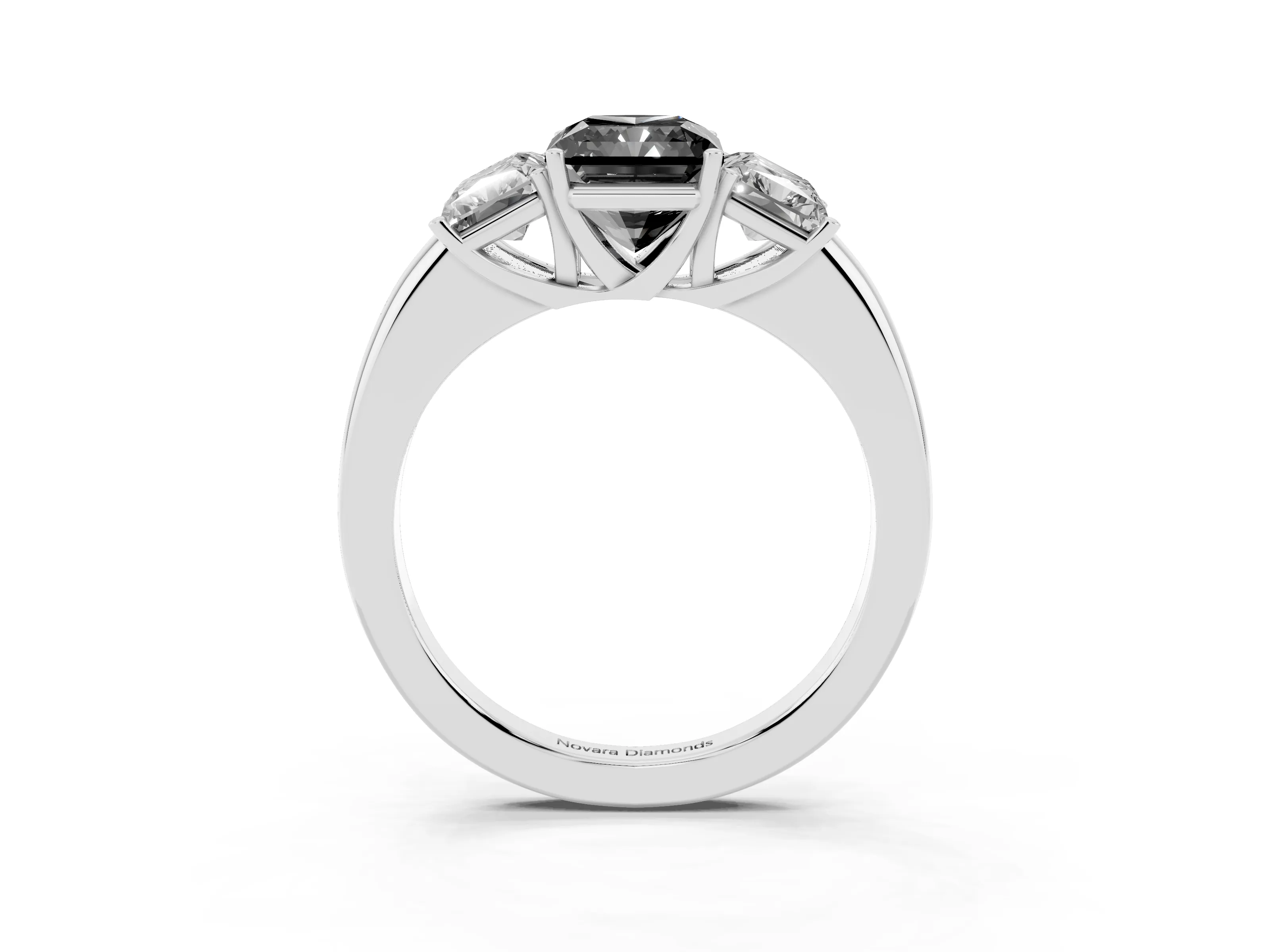 Fancy Black Radiant Cut Diamond Three-Stone Ring Set in White gold with Bold Center and Classic Band