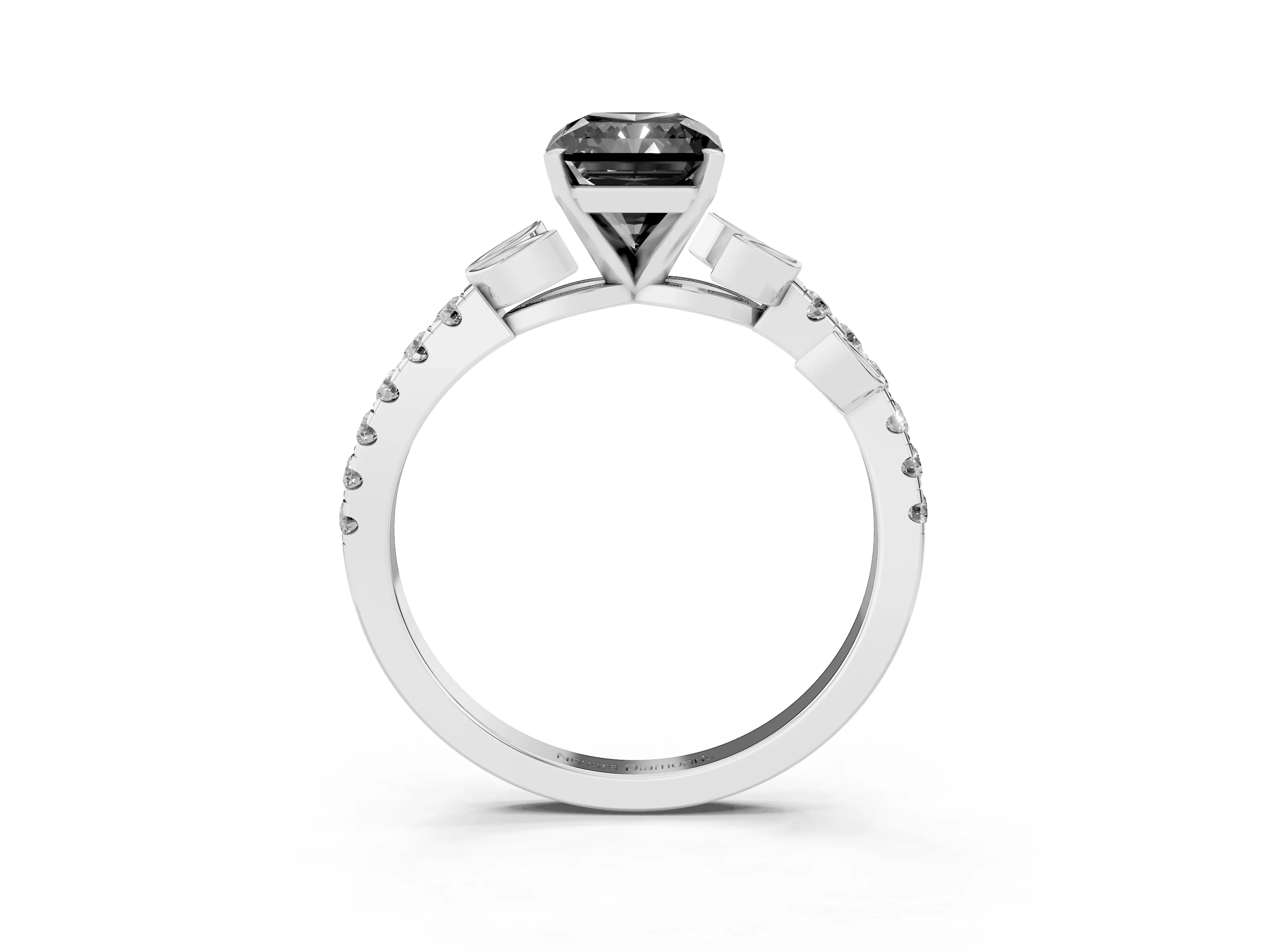 Fancy Black Radiant Cut Diamond Solitaire Leaf-Inspired Ring Set in White gold with Pavé Band and Prong Setting