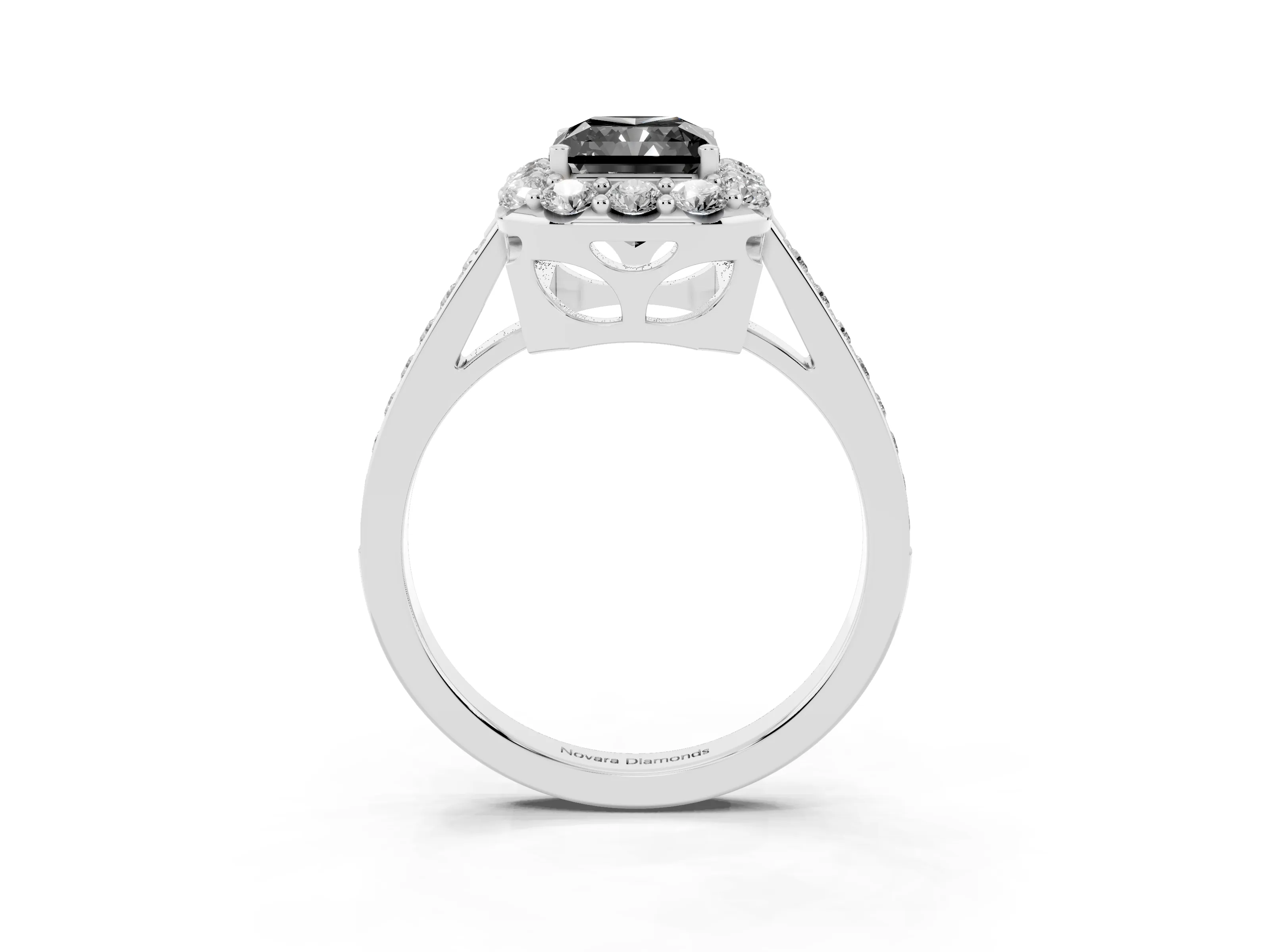 Fancy Black Radiant Cut Diamond Floral Halo Ring Set in Platinum with Pavé Band and Prong Setting