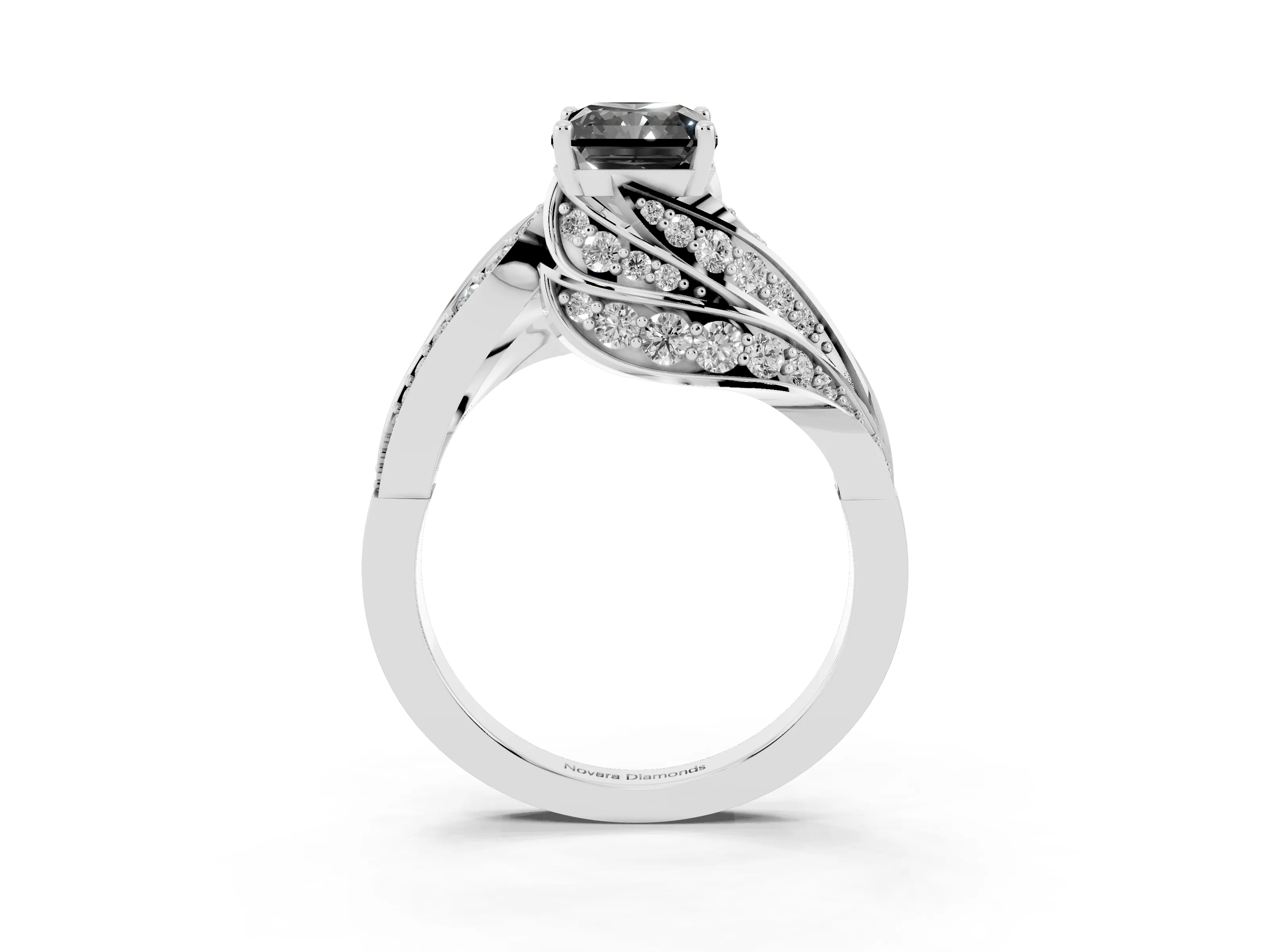 Fancy Black Radiant Cut Diamond Solitaire Ring Set in White gold with Layered Twist Pavé Band