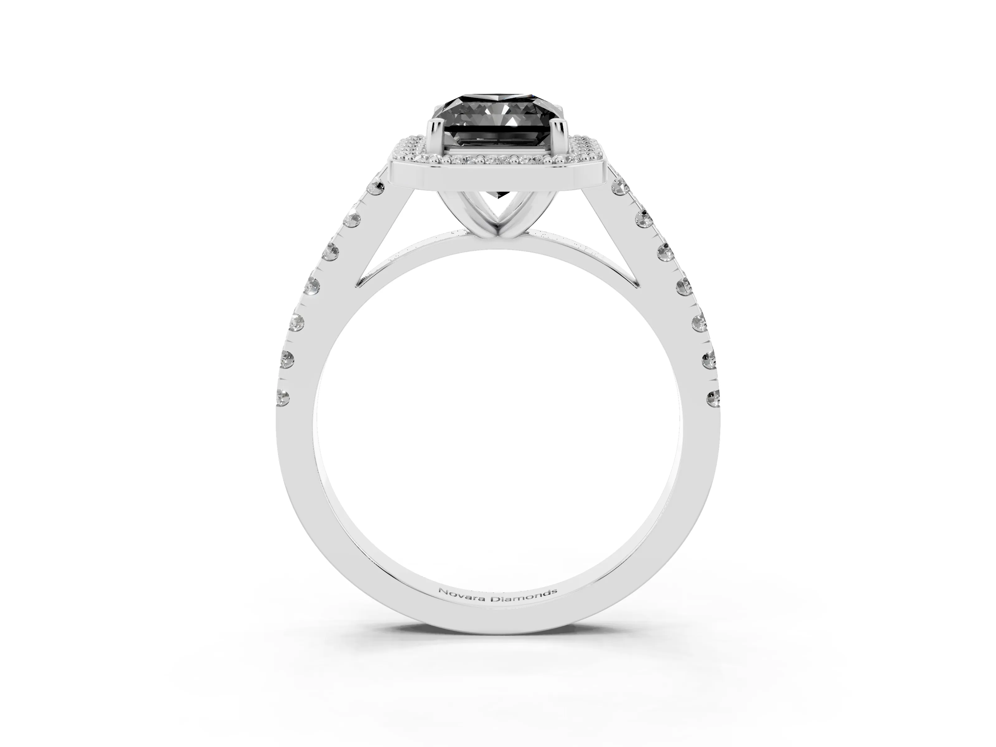 Fancy Black Radiant Cut Diamond Halo Ring Set in Silver with Round Pavé Split Shank and Prong Setting