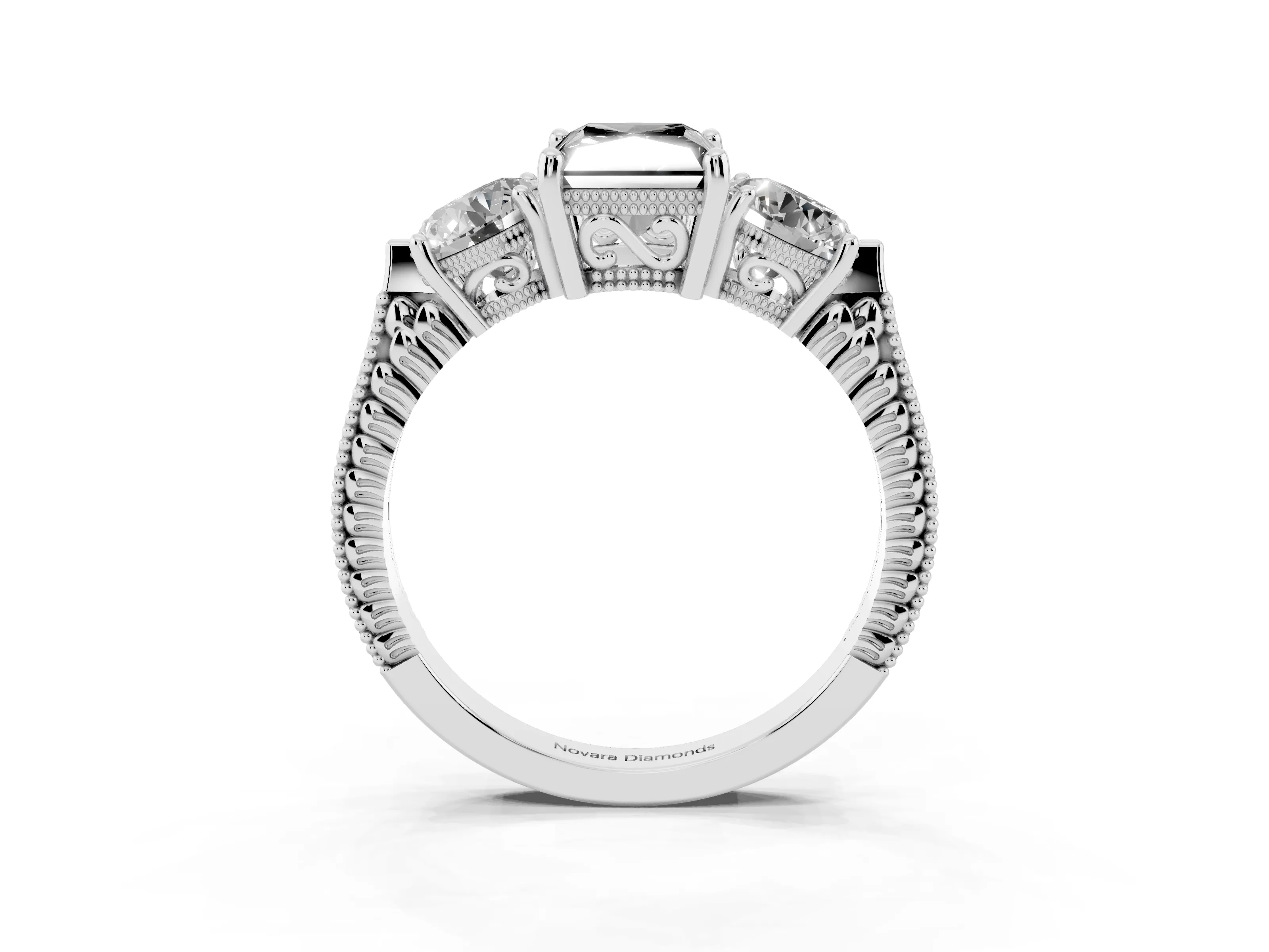 Fancy Black Radiant Cut Diamond Three-Stone Ring Set in White gold with Milgrain Band