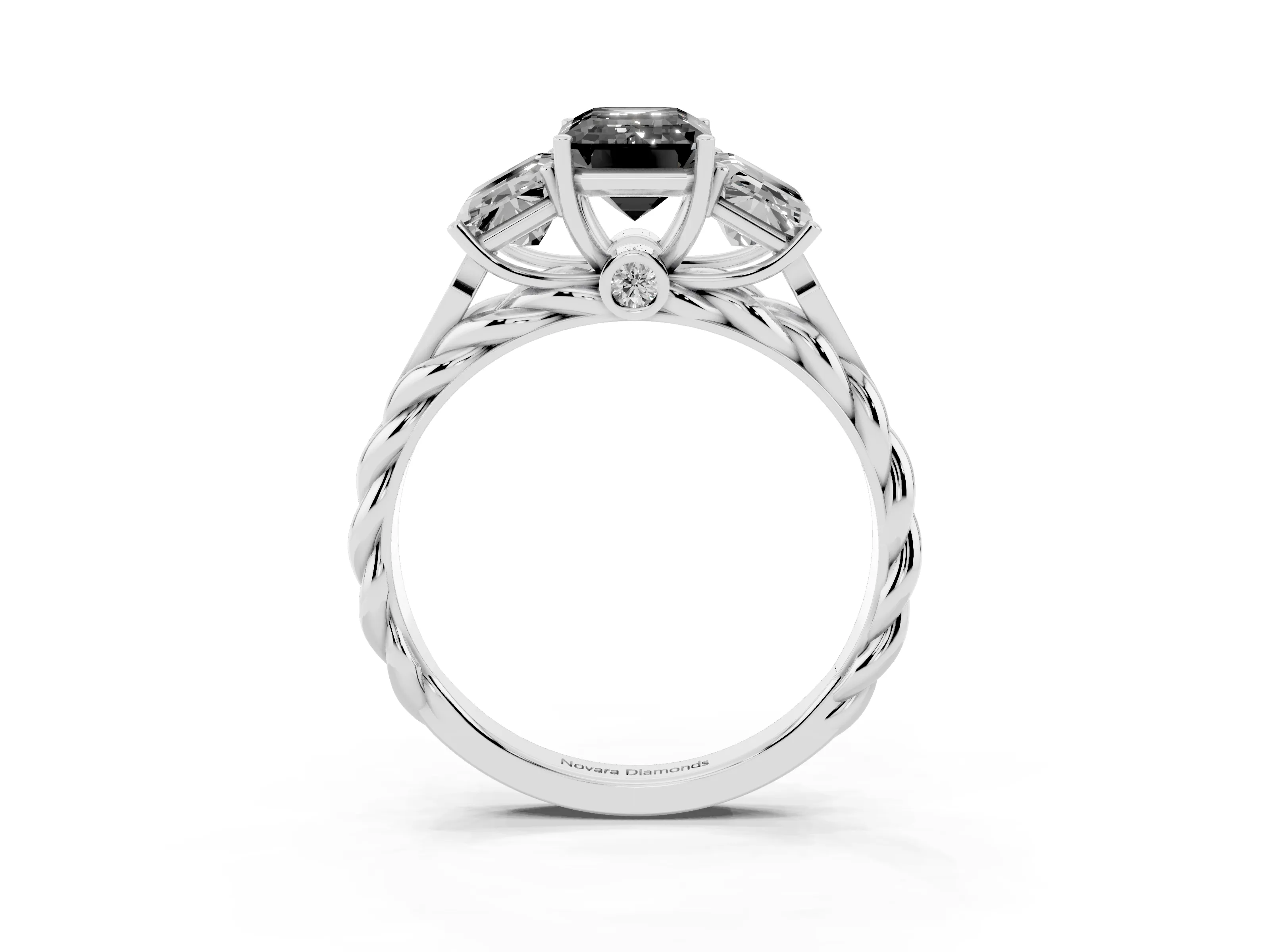 Fancy Black Radiant Cut Diamond Three-Stone Ring Set in White gold with Braided Band