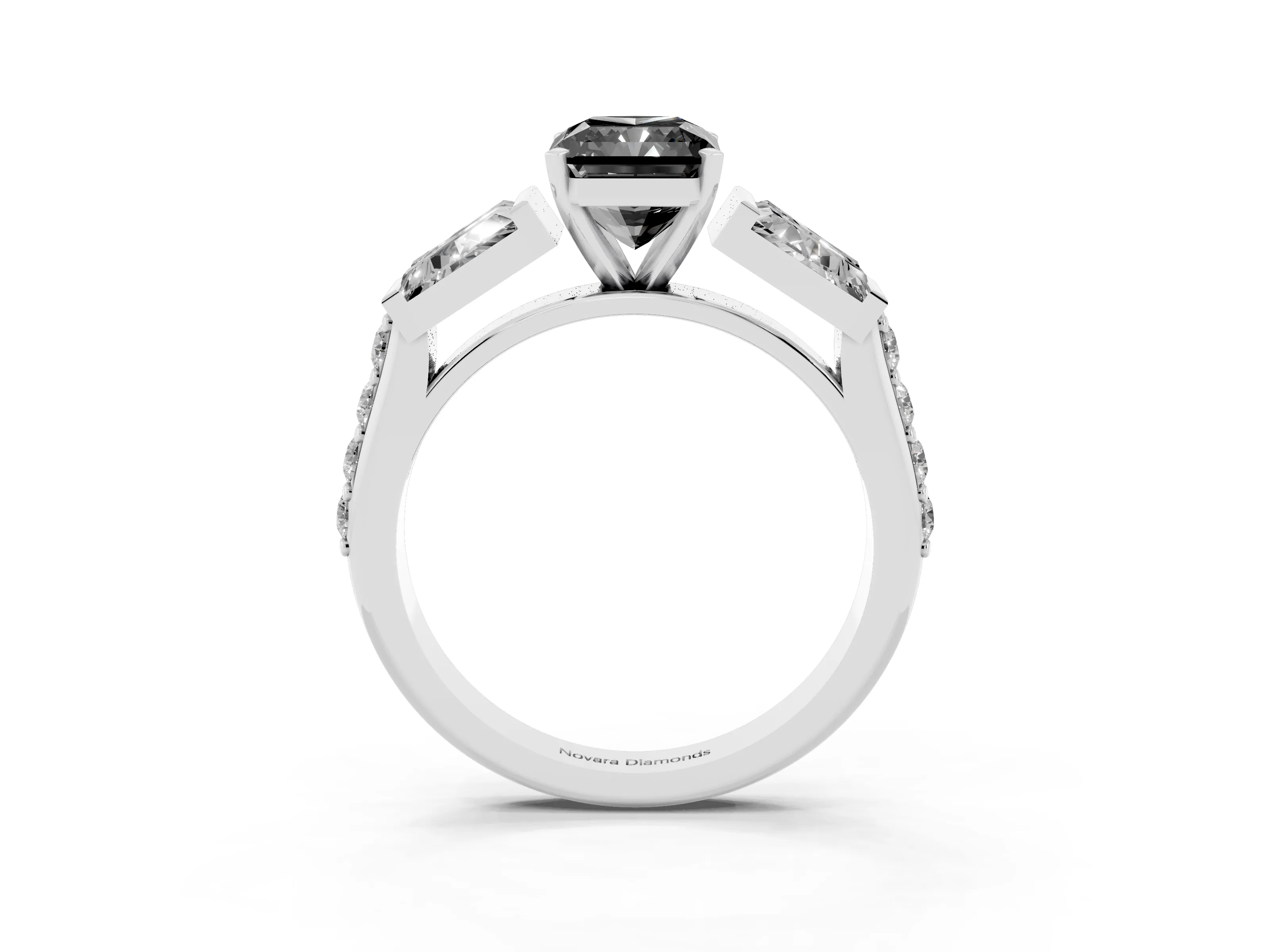 Fancy Black Radiant Cut Diamond Engagement Ring Set in Silver with Baguette Side Stones and Channel Set Band