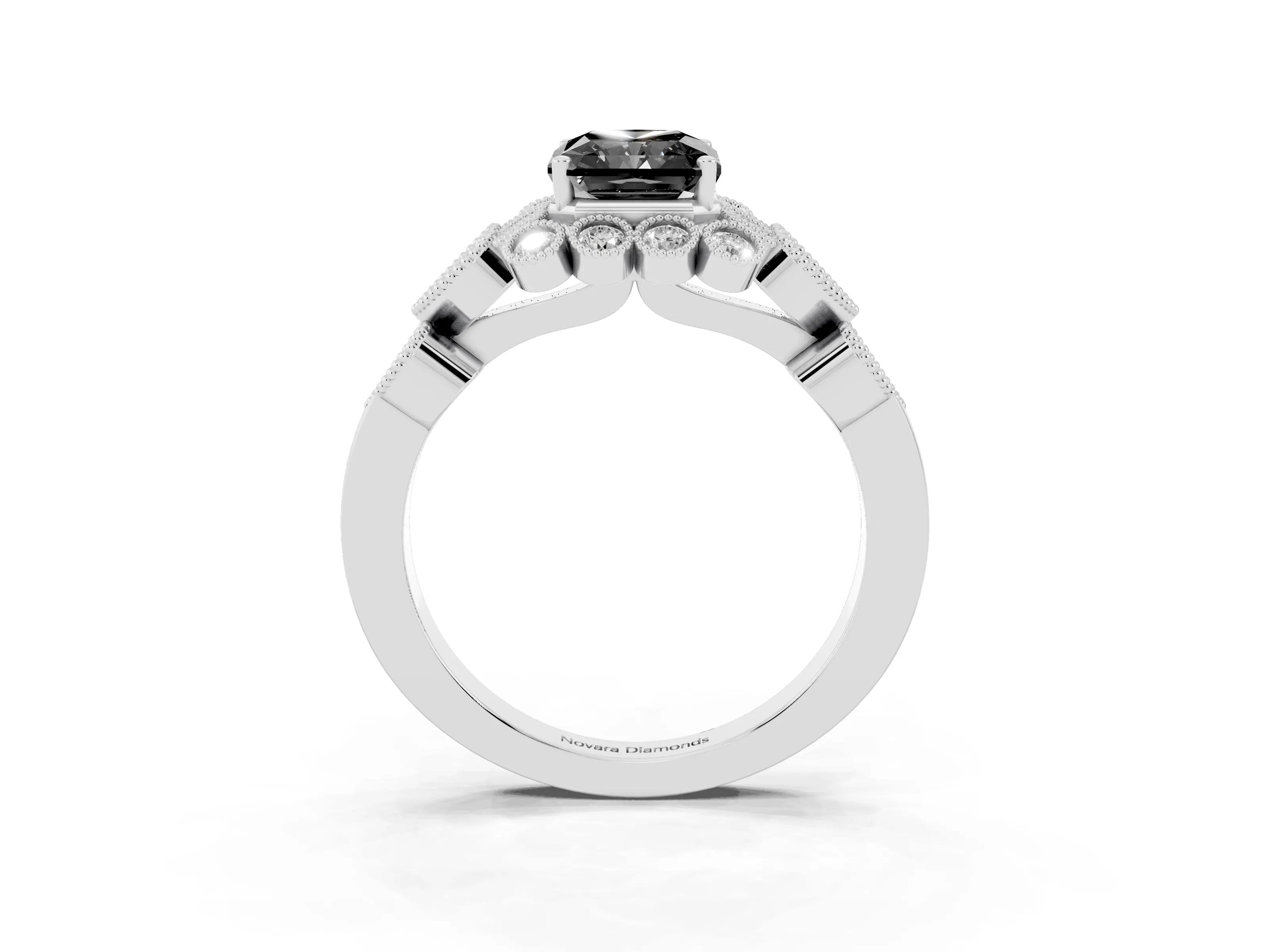 Fancy Black Radiant Cut Diamond Solitaire Ring Set in White gold with Milgrain Pavé Heart Band
