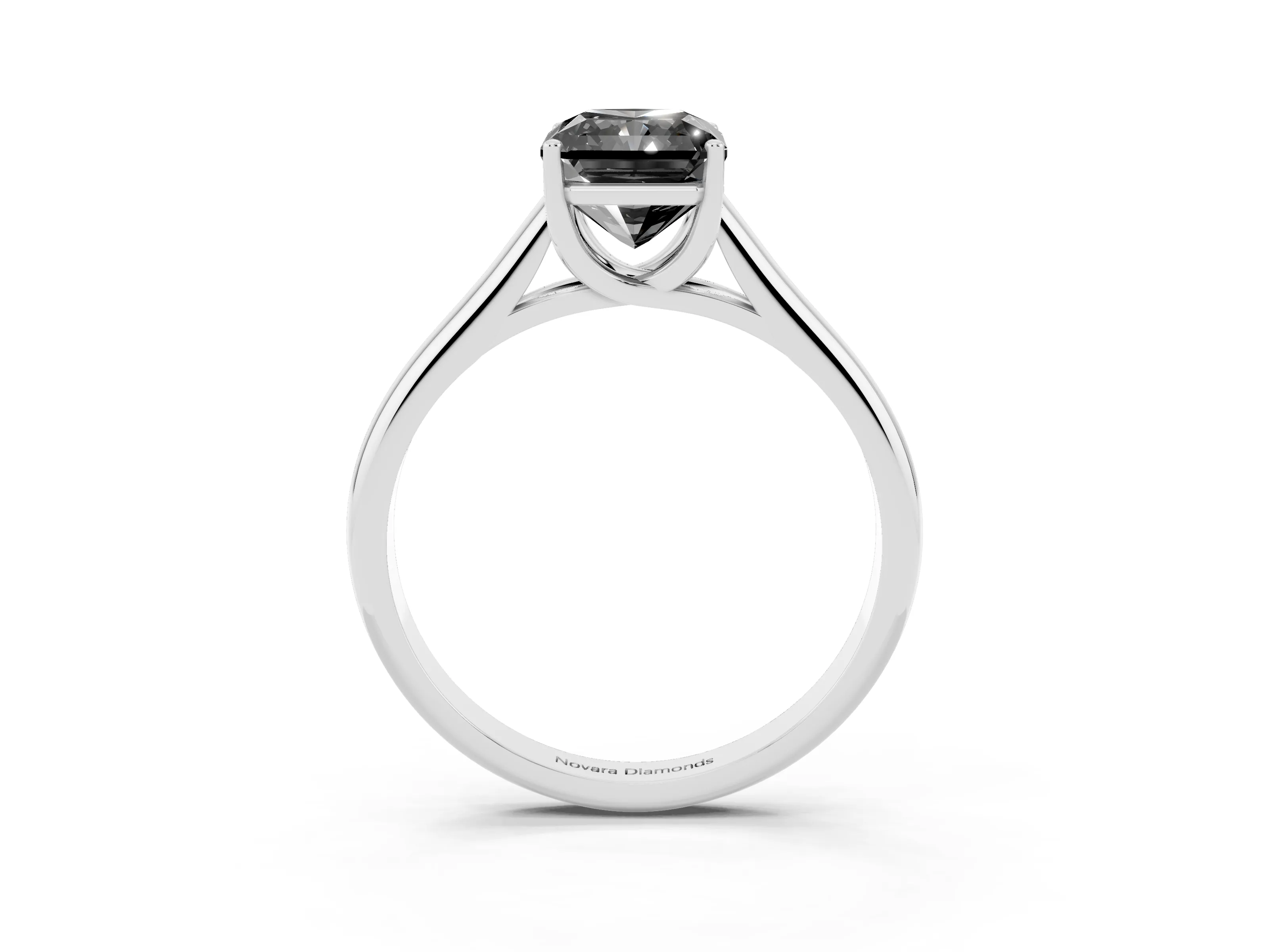 Fancy Black Radiant Cut Diamond Solitaire Engagement Ring Set in White gold with Subtly Tapered Band and Prong Setting