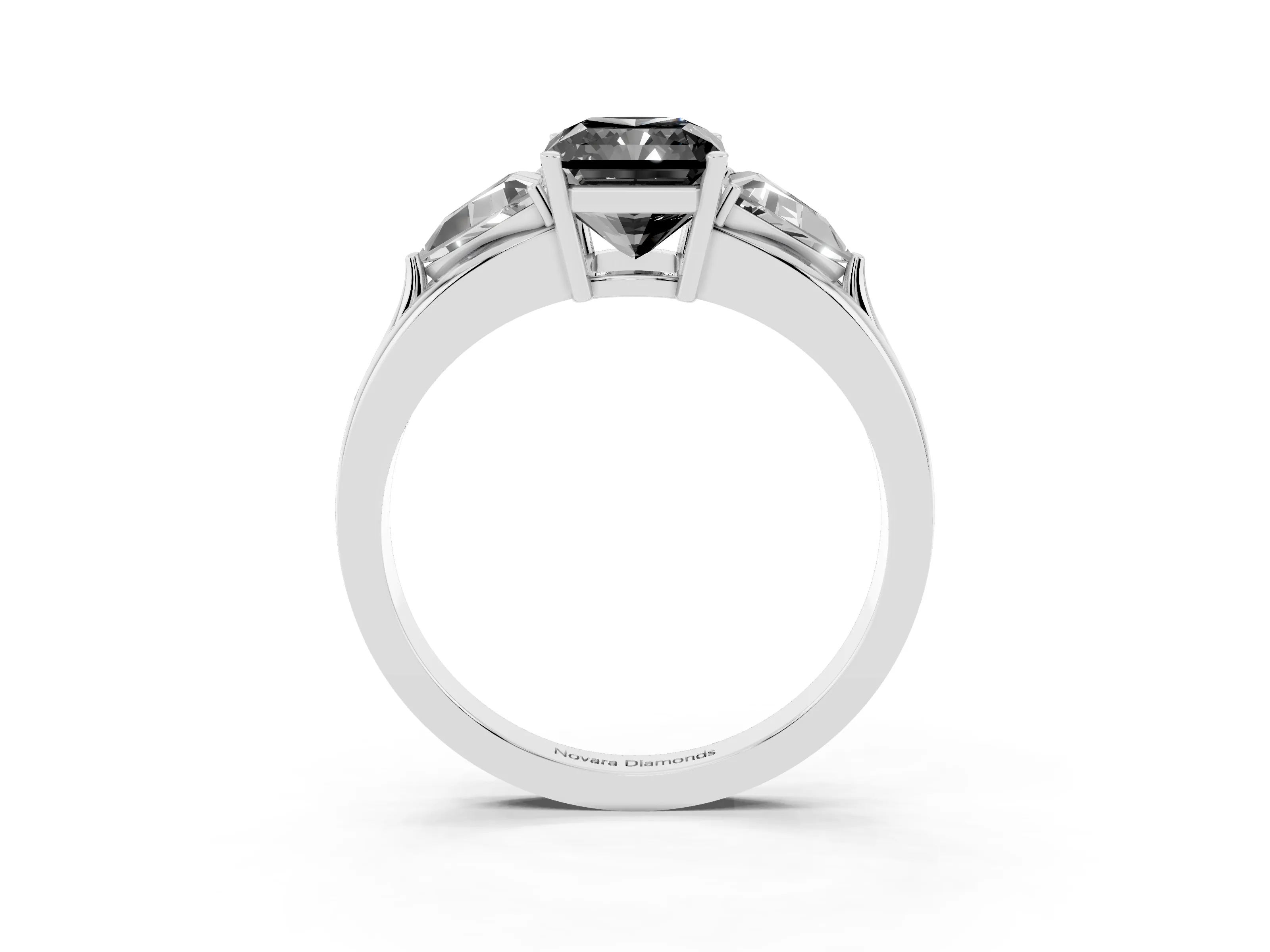 Fancy Black Radiant Cut Diamond Three-Stone Ring Set in Silver with Trillion Side Stones and Split Shank