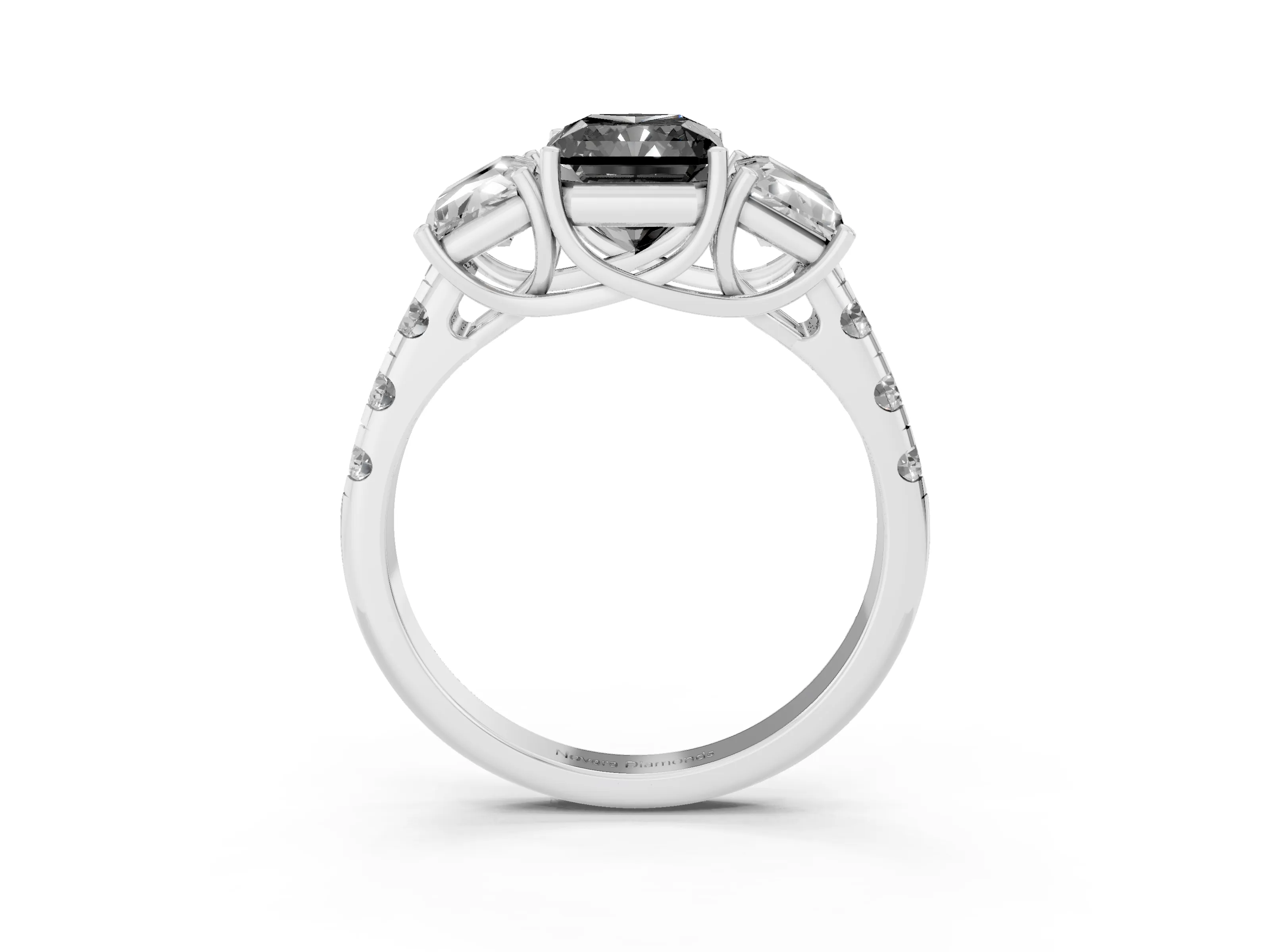 Fancy Black Radiant Cut Diamond Three-Stone Ring Set in Platinum with Pavé Band