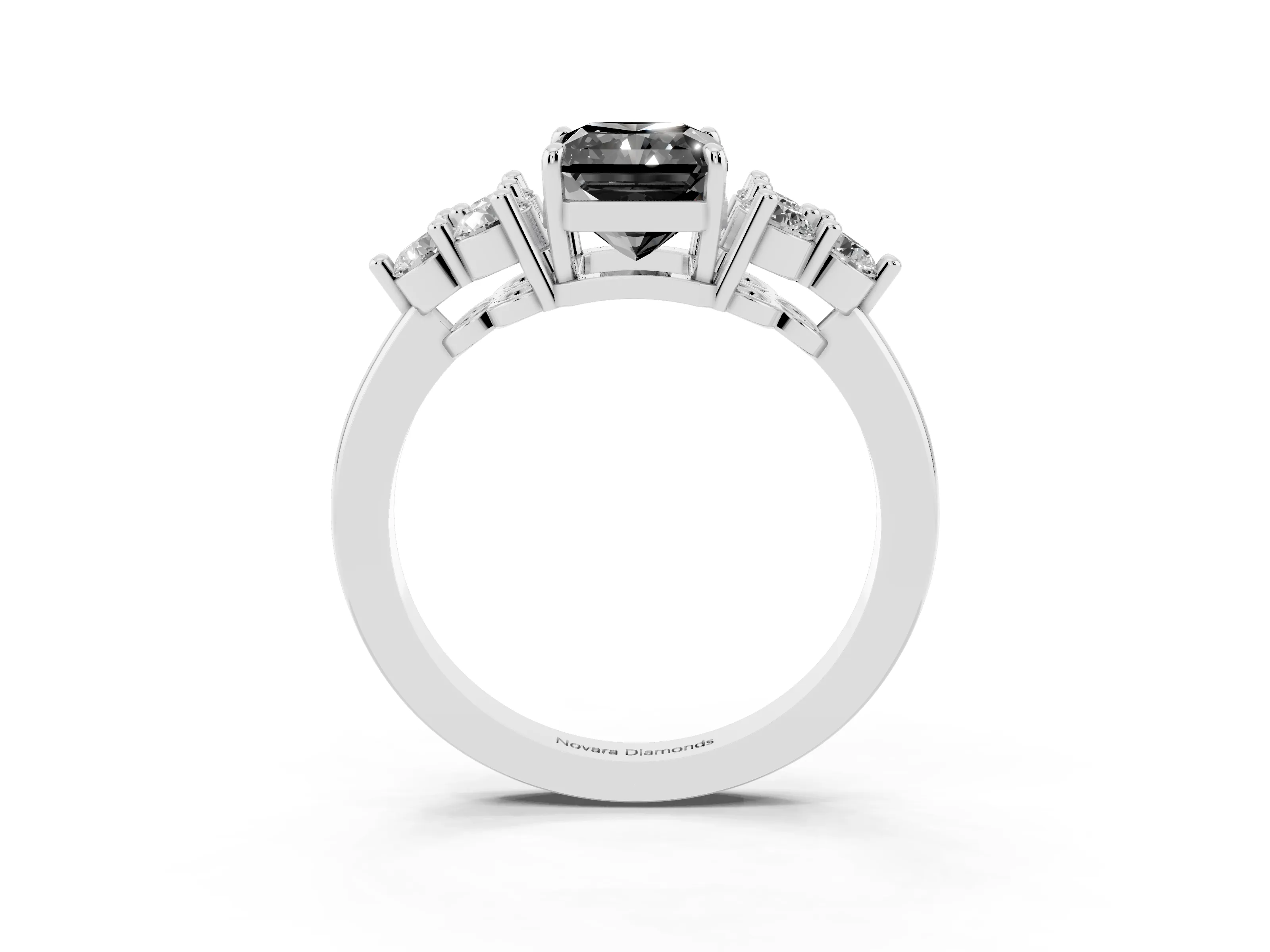 Fancy Black Radiant Cut Diamond Solitaire Ring Set in White gold with Cluster Accents on Each Side