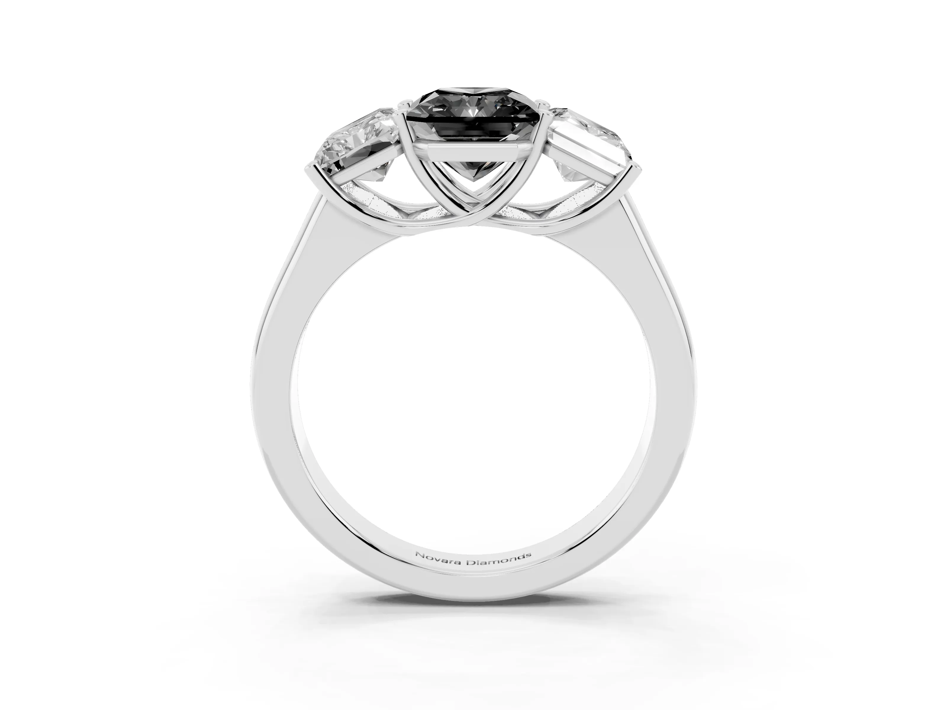 Fancy Black Radiant Cut Diamond Three-Stone Ring Set in White gold with Plain Polished Band