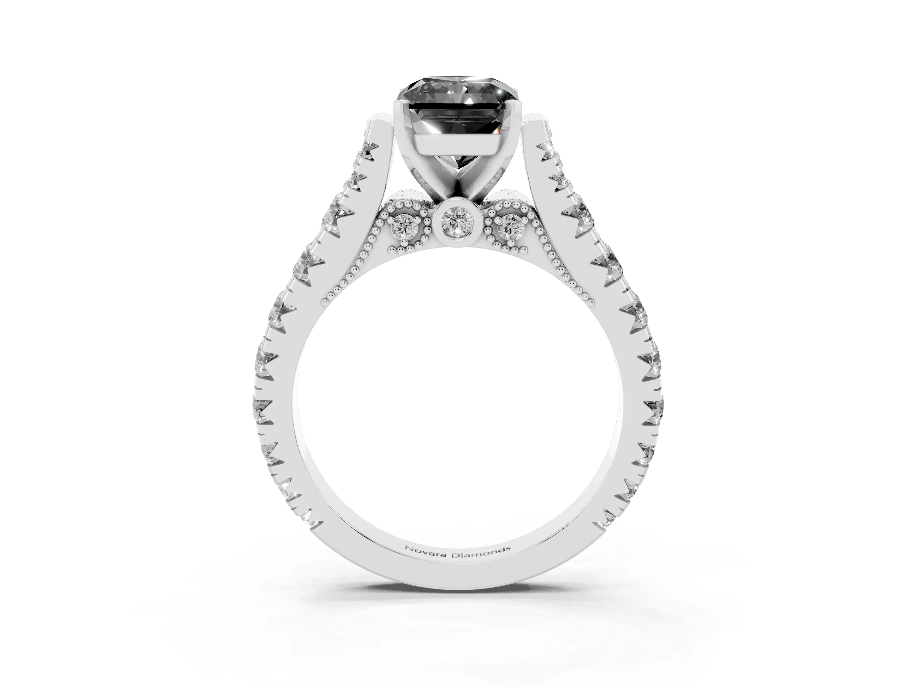 Fancy Black Radiant Cut Diamond Classic Solitaire Ring Set in Silver with Pavé Band and Prong Setting