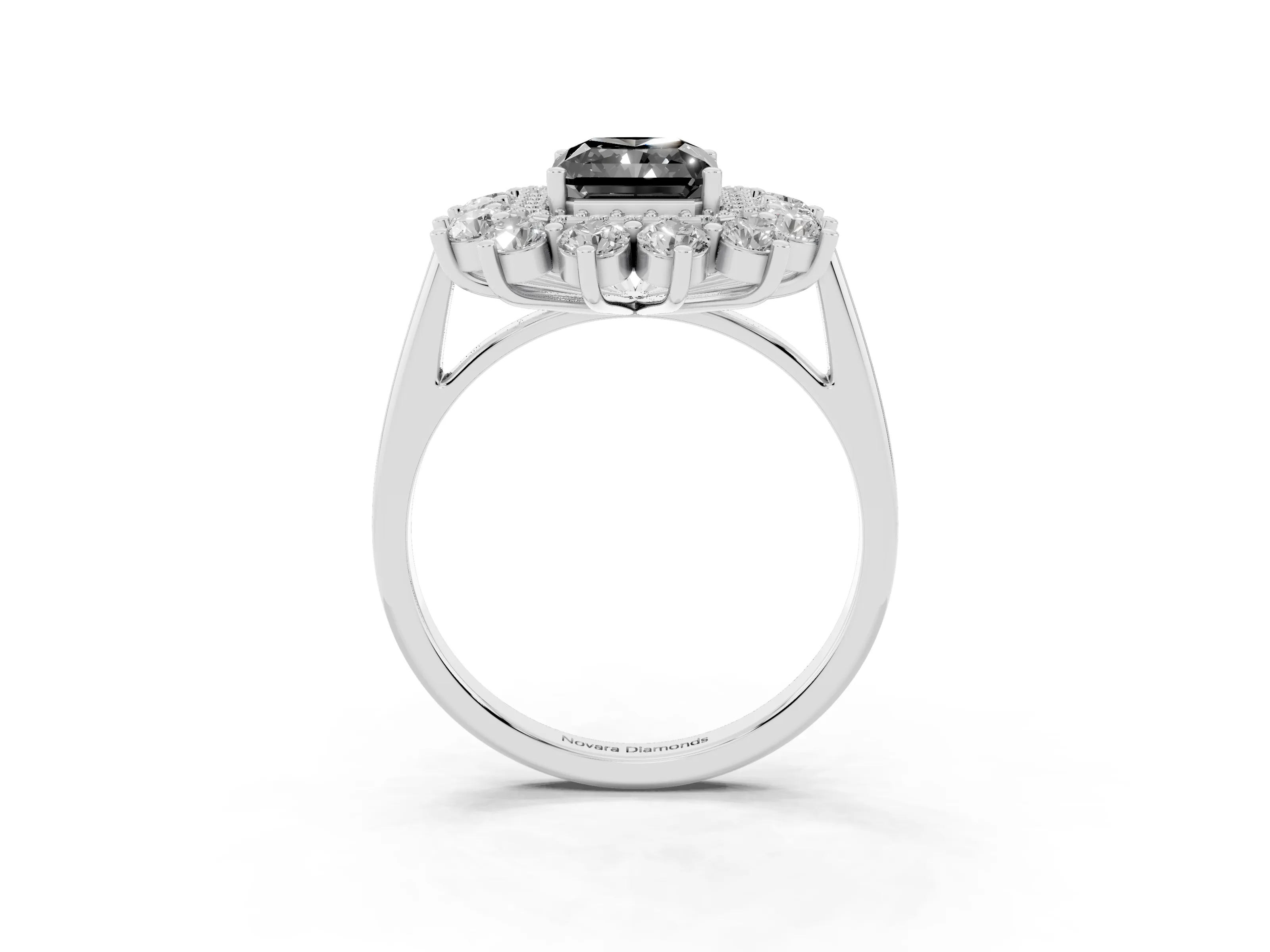 Fancy Black Radiant Cut Diamond Floral Double Halo Ring Set in Silver with Round Petals
