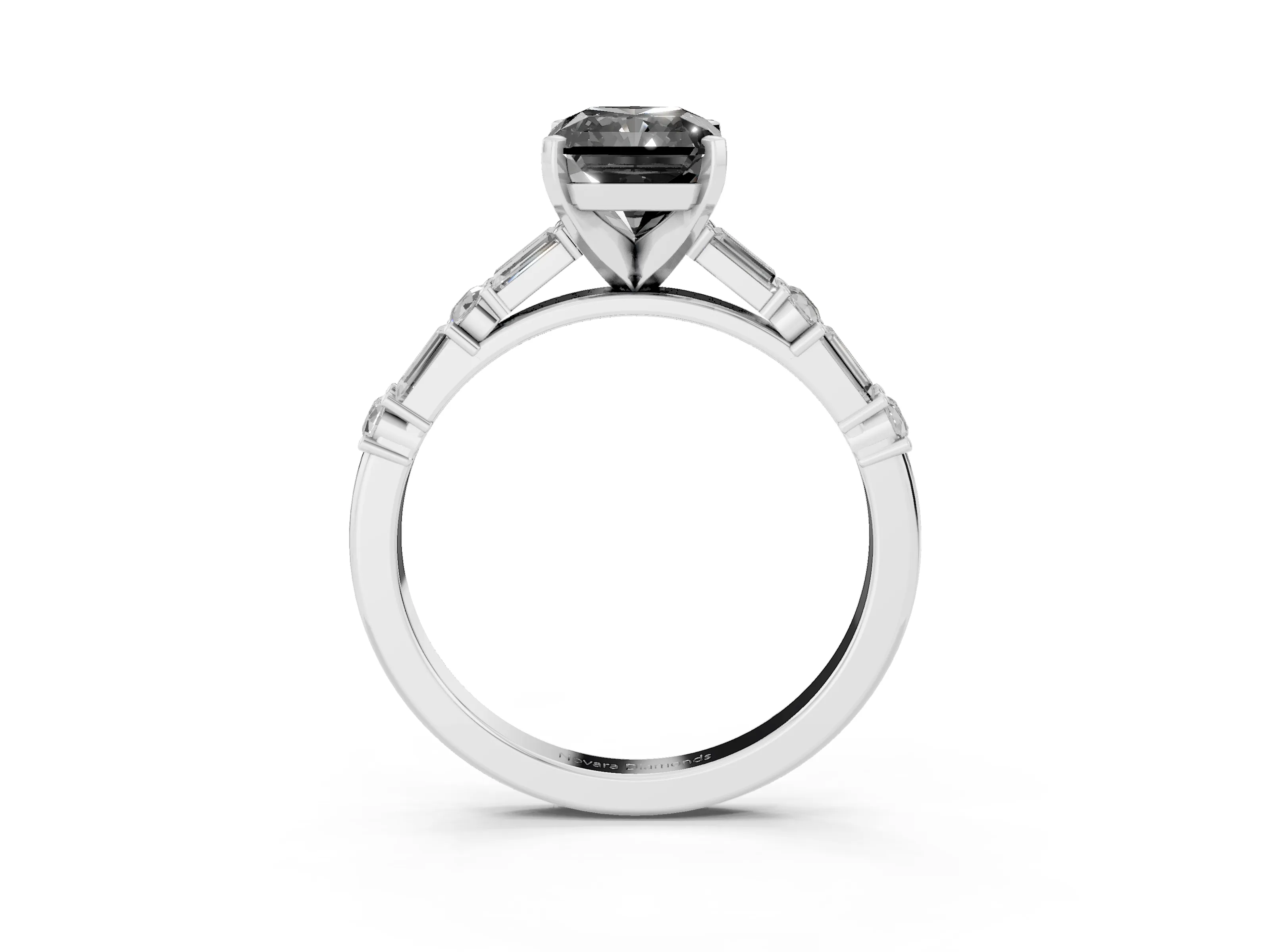 Fancy Black Radiant Cut Diamond Solitaire Set in Silver with Side Baguettes and Channel Set Band