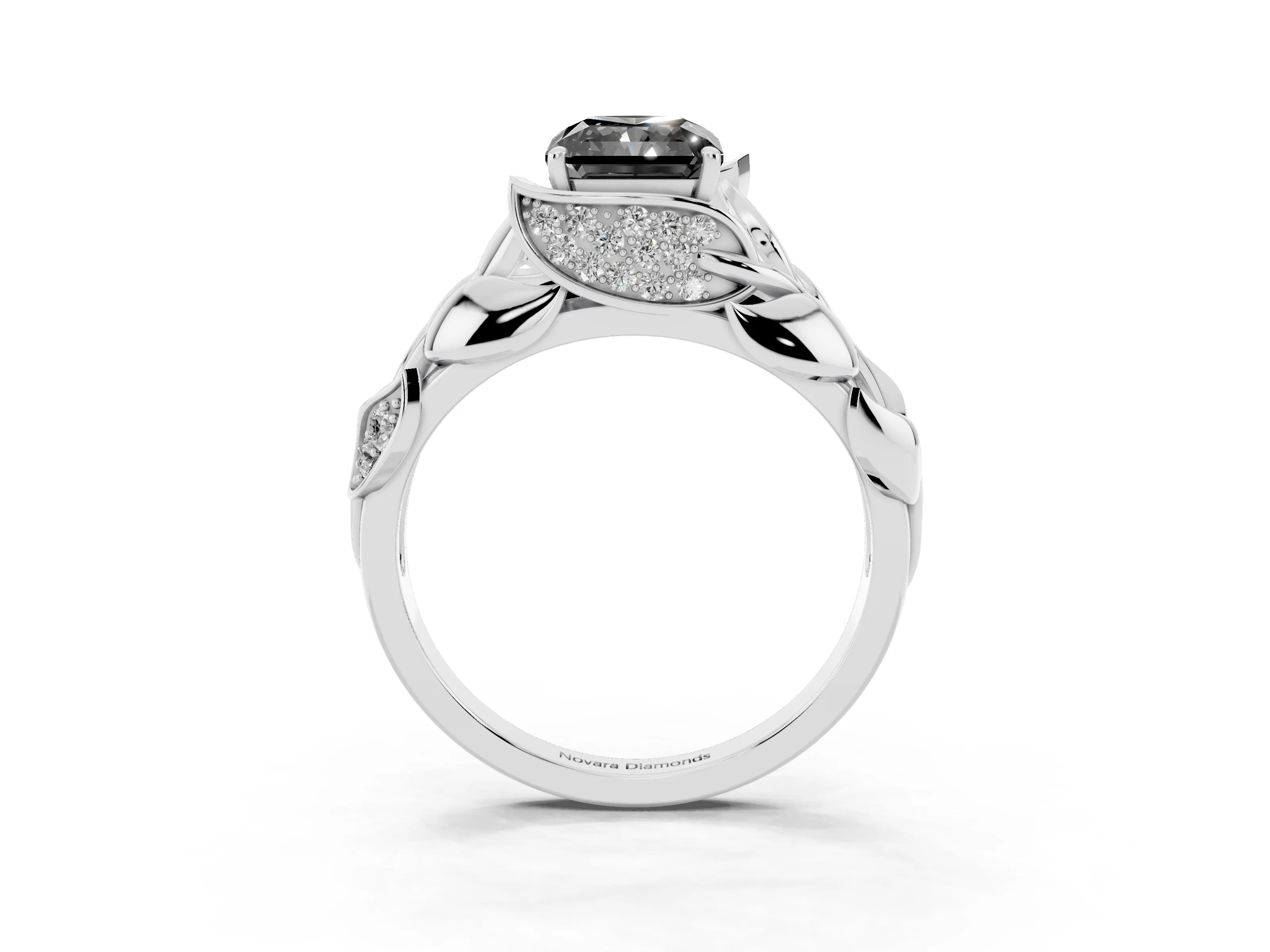Fancy Black Radiant Cut Diamond Leaf-Inspired Engagement Ring Set in Platinum with Round Accents