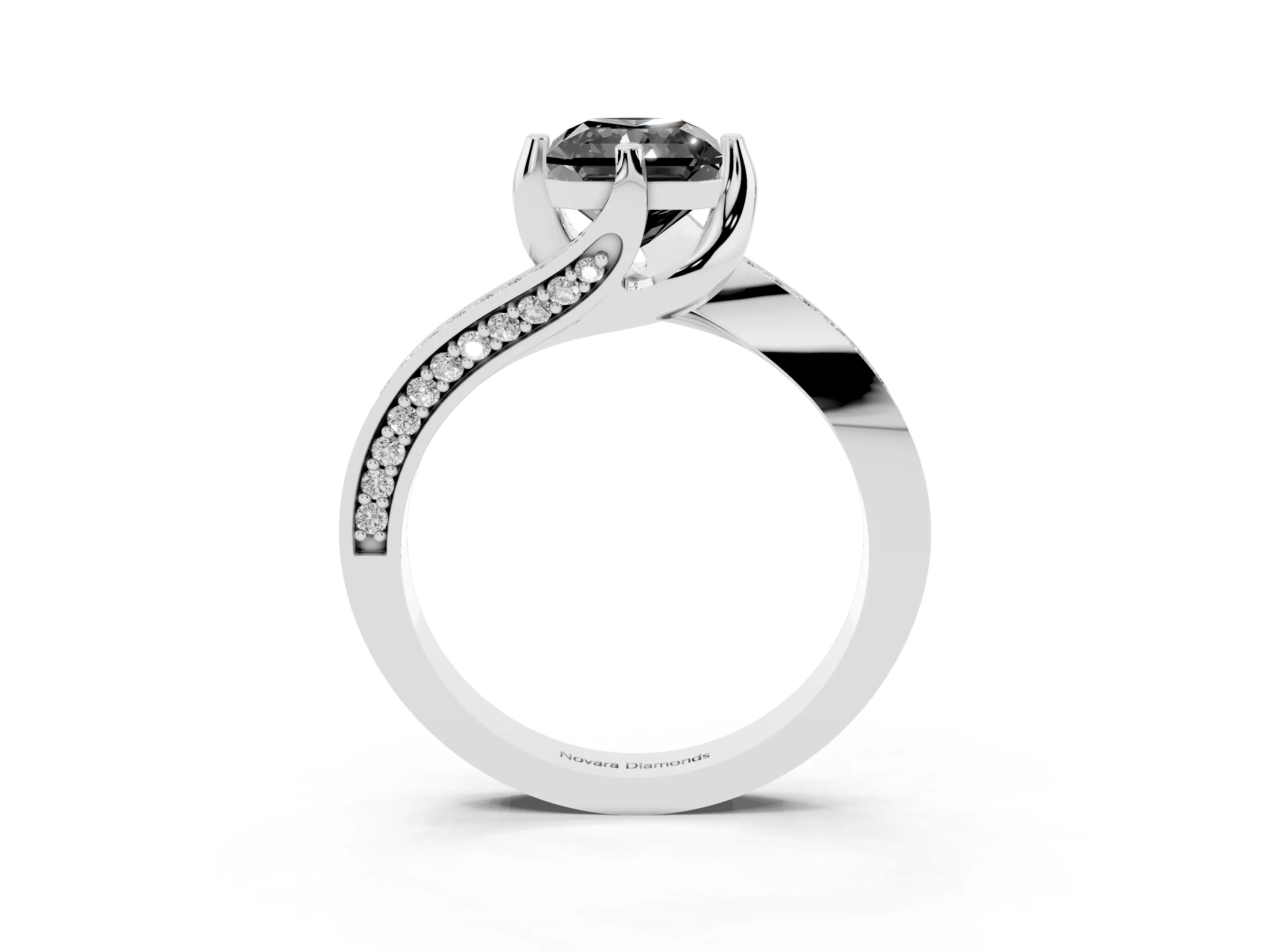 Fancy Black Radiant Cut Diamond Solitaire Ring Set in White gold with Intertwined Pavé Twist Band