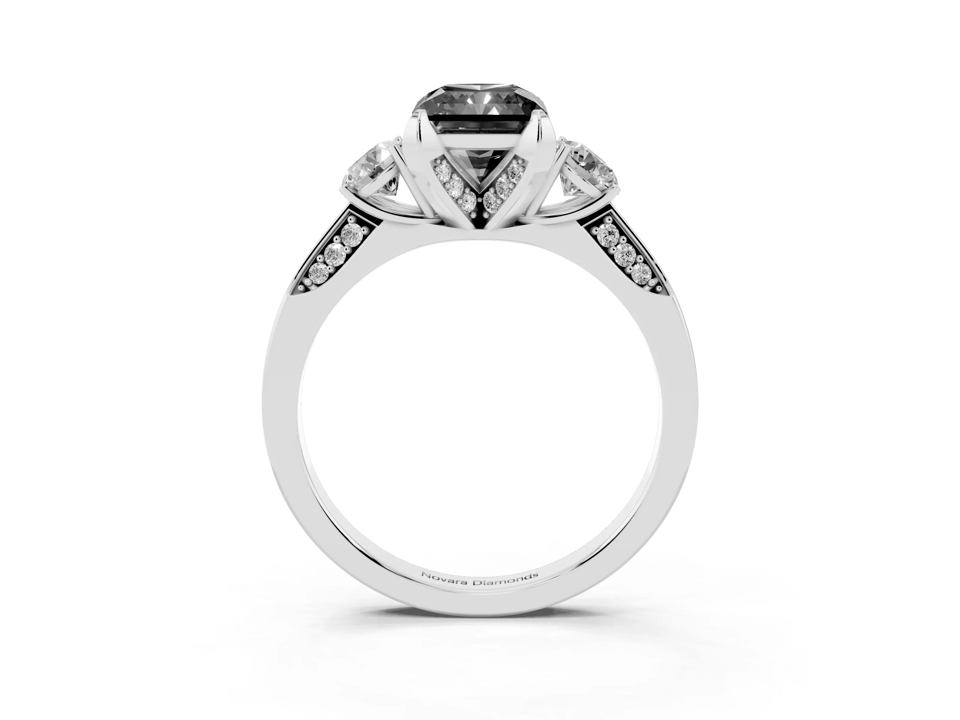 Fancy Black Radiant Cut Diamond Three-Stone Ring Set in Silver with Pavé Band and Smaller Side Stones
