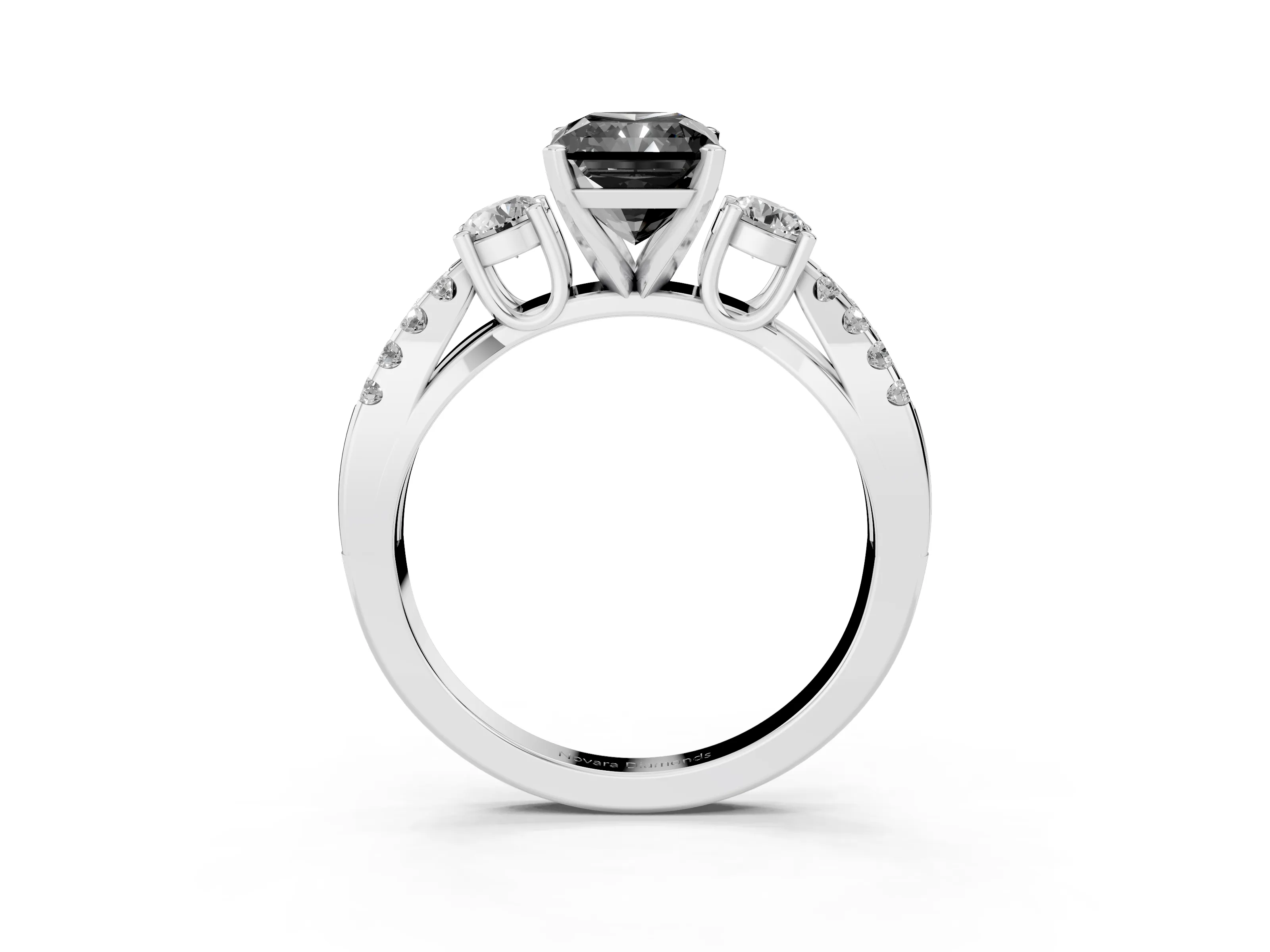 Fancy Black Radiant Cut Diamond Three-Stone Ring Set in Silver with Pavé Split Shank and Prong Setting