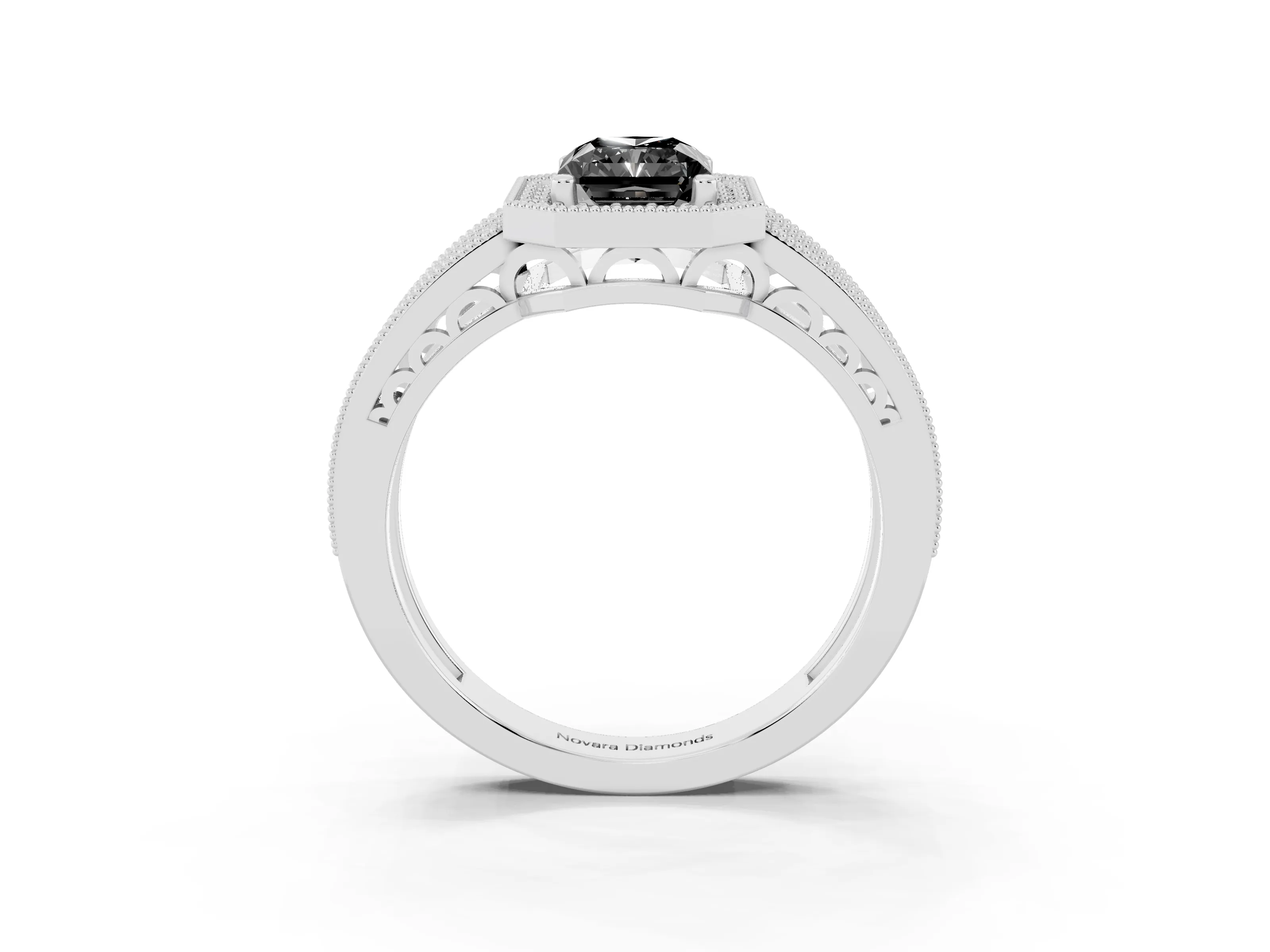 Fancy Black Radiant Cut Diamond Halo Ring Set in White gold with Accent Split Shank and Prong Setting