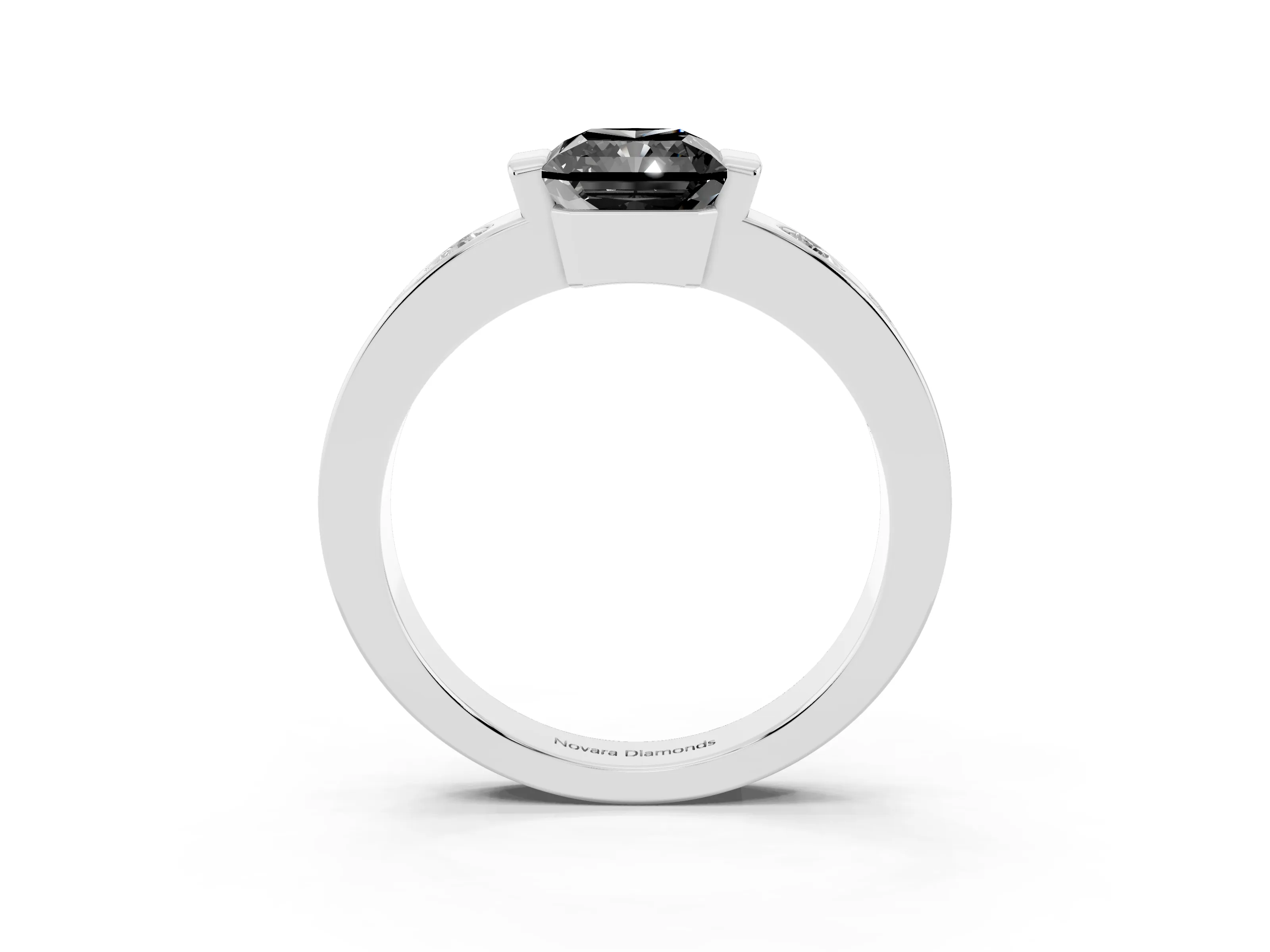 Fancy Black Radiant Cut Diamond Channel-Set Band Ring Set in Platinum with Bezel Prong Setting