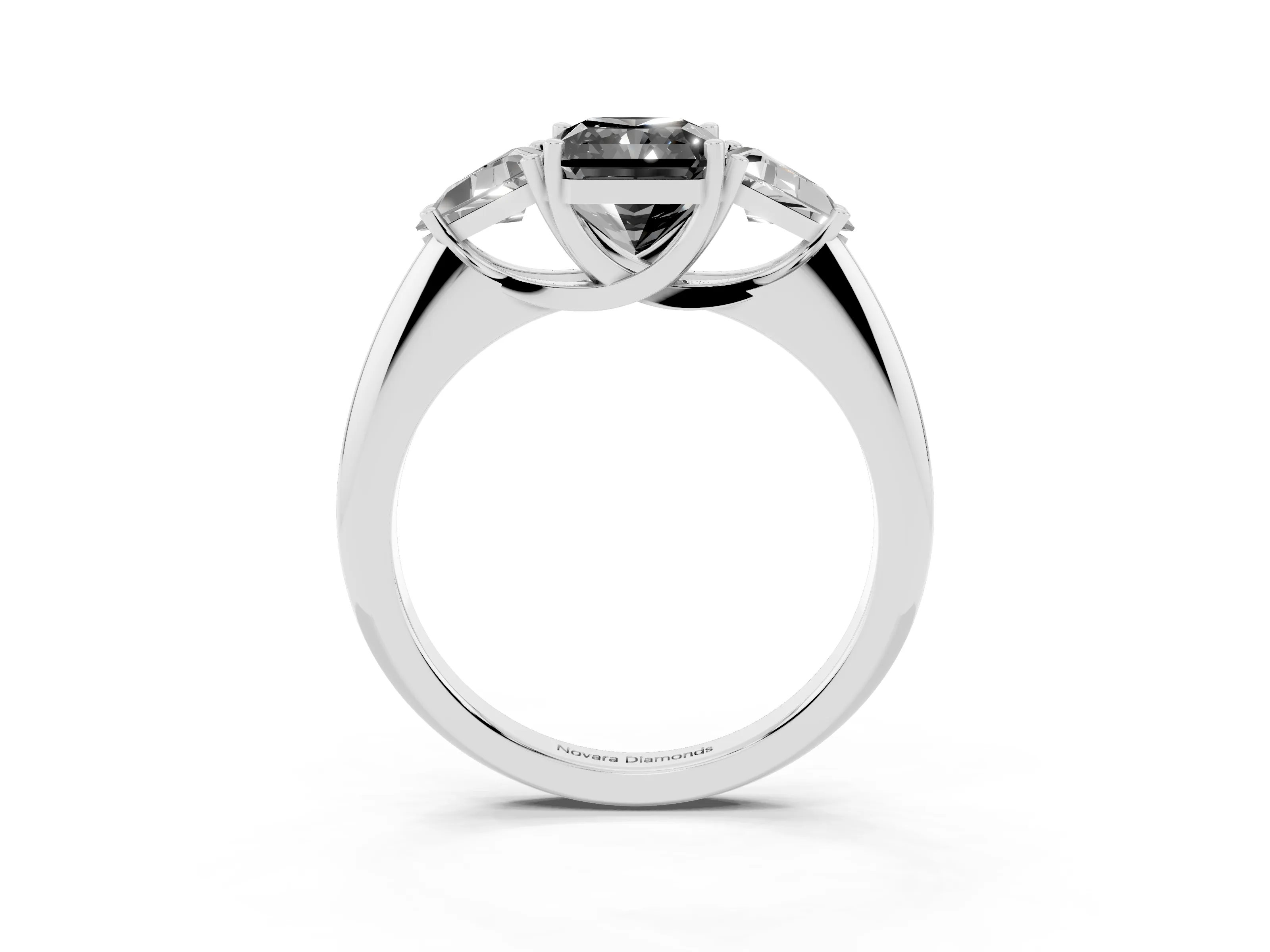 Fancy Black Radiant Cut Diamond Three-Stone Engagement Ring Set in White gold with Trillion Side Stones