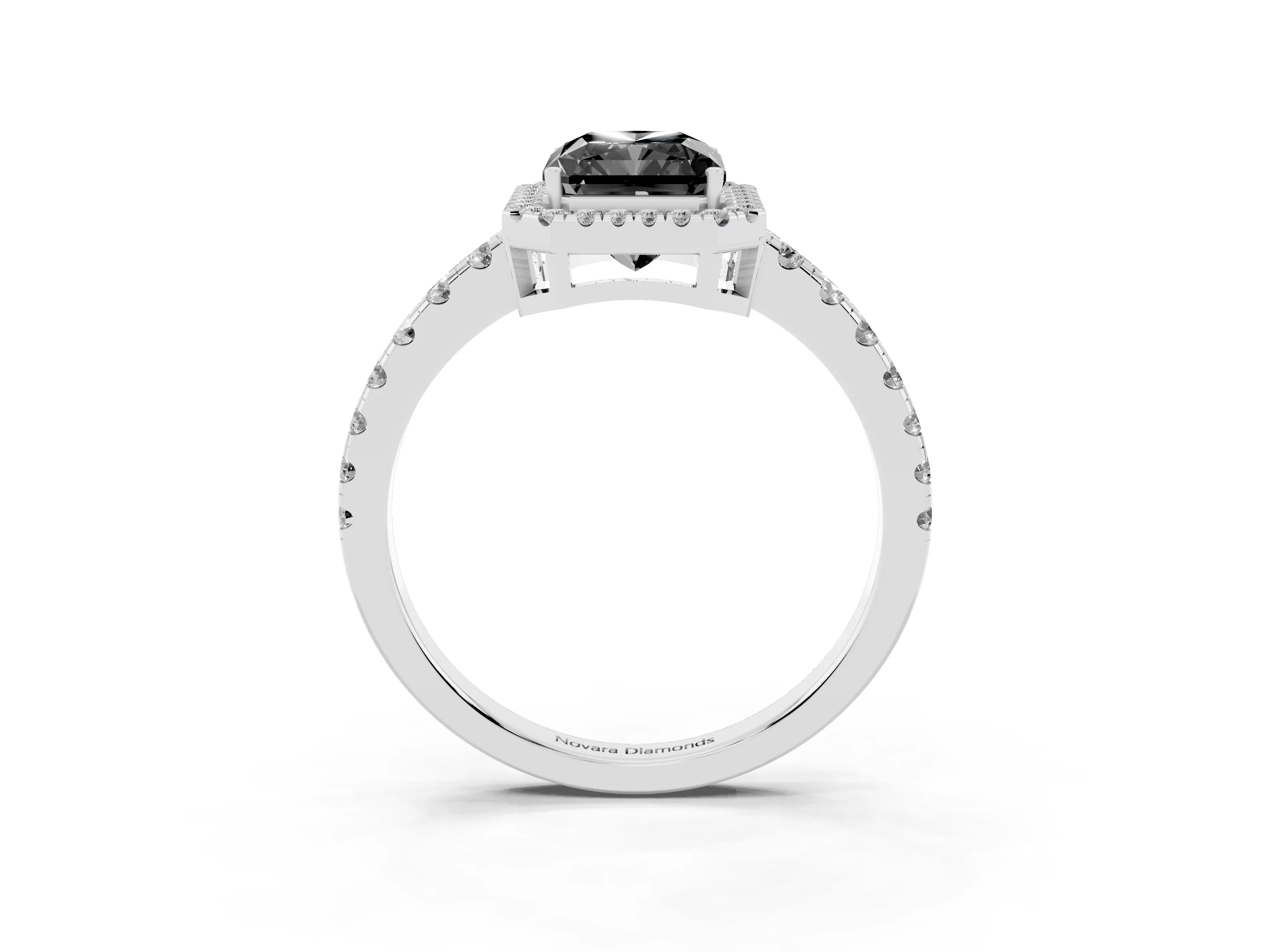 Fancy Black Radiant Cut Diamond Halo Ring Set in Platinum with Delicate Pavé Band and Prong Setting