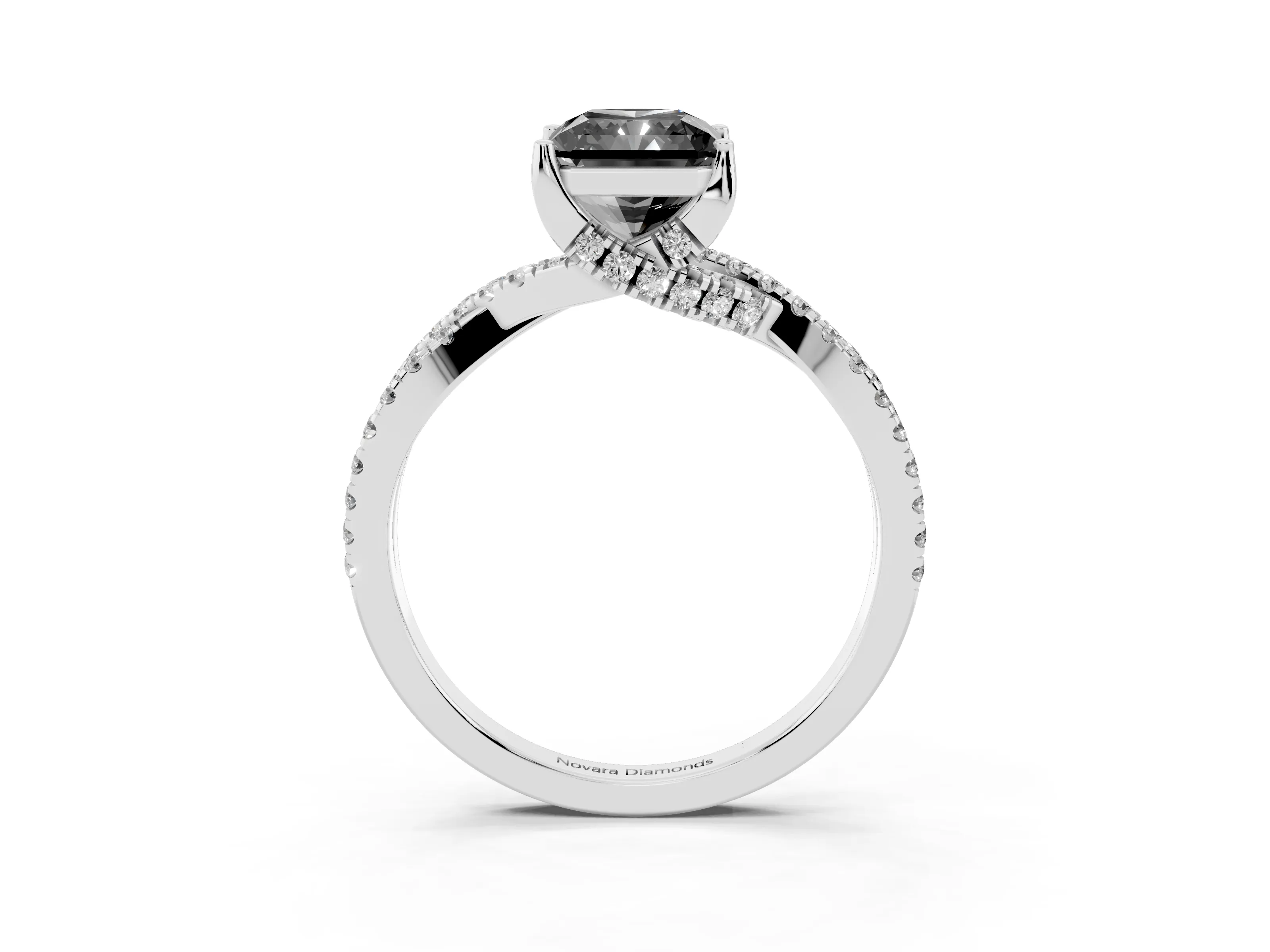 Fancy Black Radiant Cut Diamond Twist Pavé Solitaire Engagement Ring Set in Platinum with Prong Setting