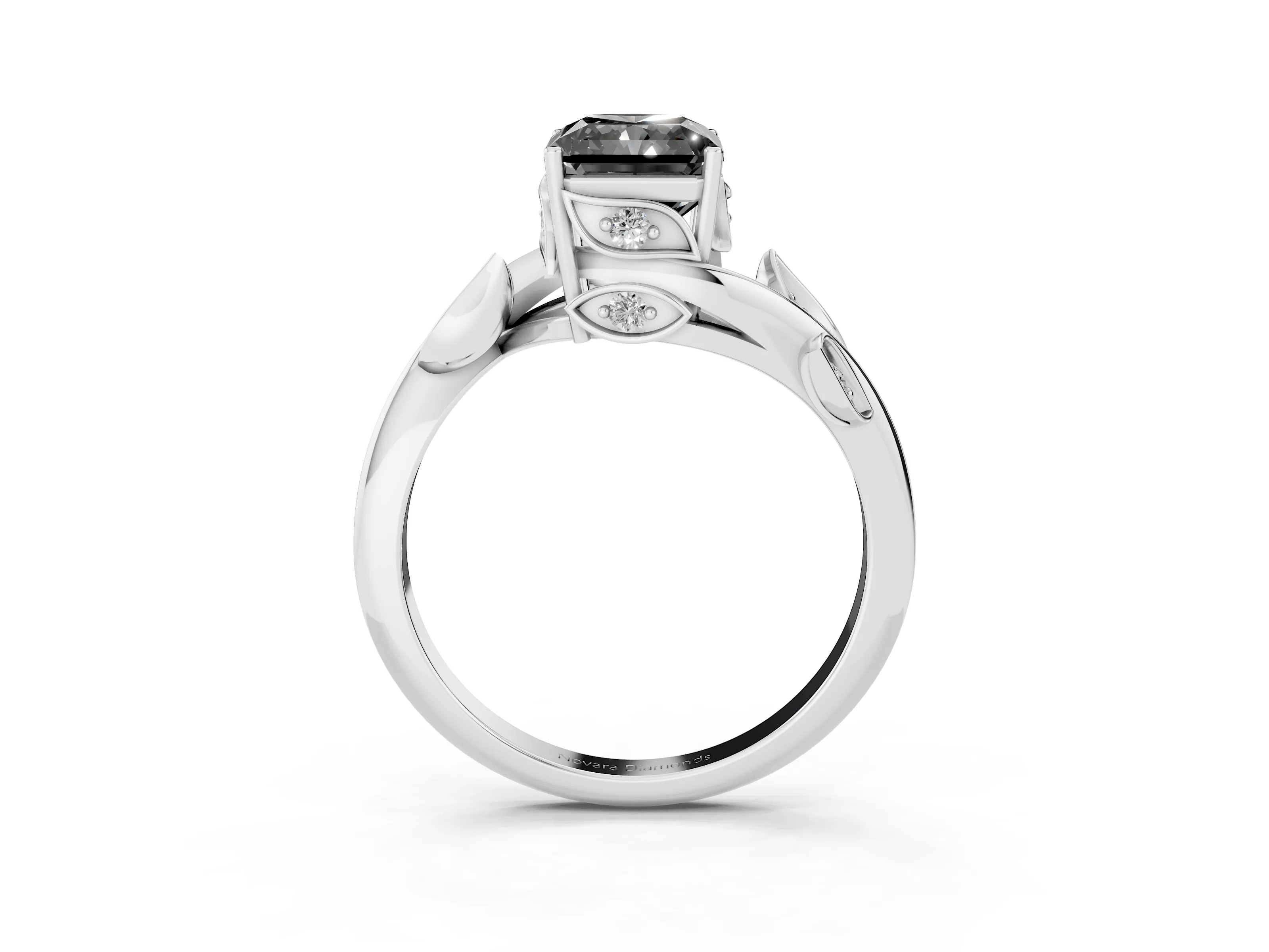 Fancy Black Radiant Cut Diamond Solitaire Twist Engagement Ring Set in White gold with Pavé Leaf Accents