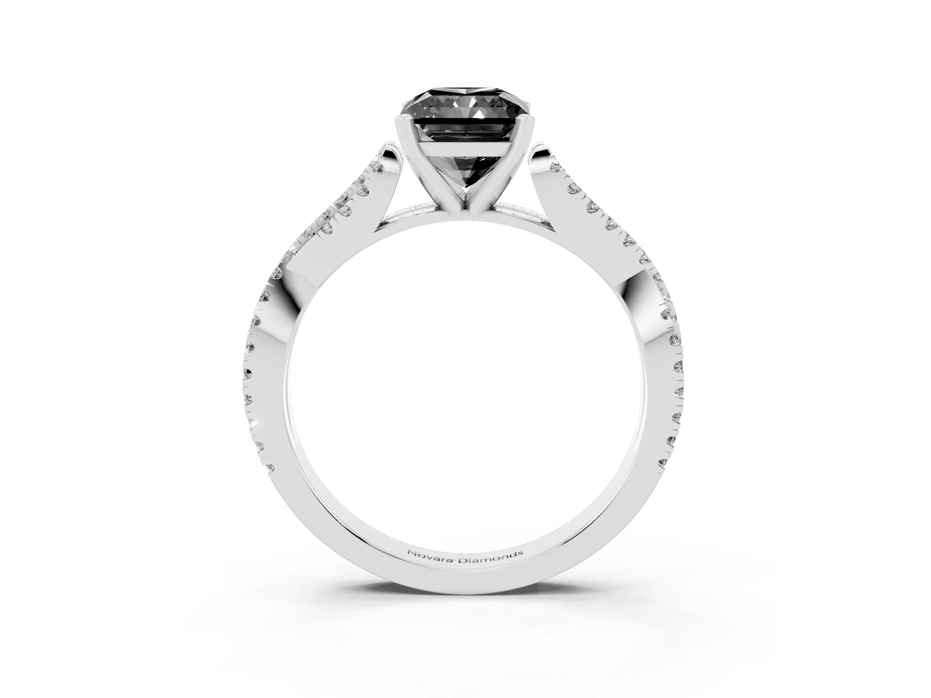 Fancy Black Radiant Cut Diamond Solitaire Engagement Ring Set in White gold with Twisted Pavé Band and Prong Setting