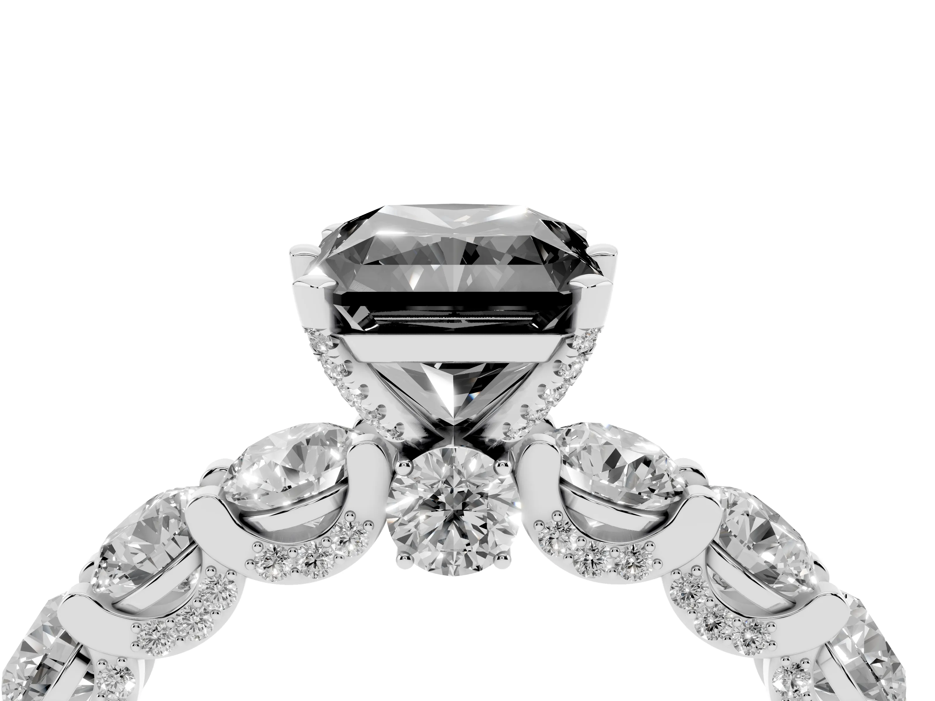 Fancy Black Radiant Cut Diamond Side Stone Ring Set in Silver with Alternating Round and Oval Side Stones