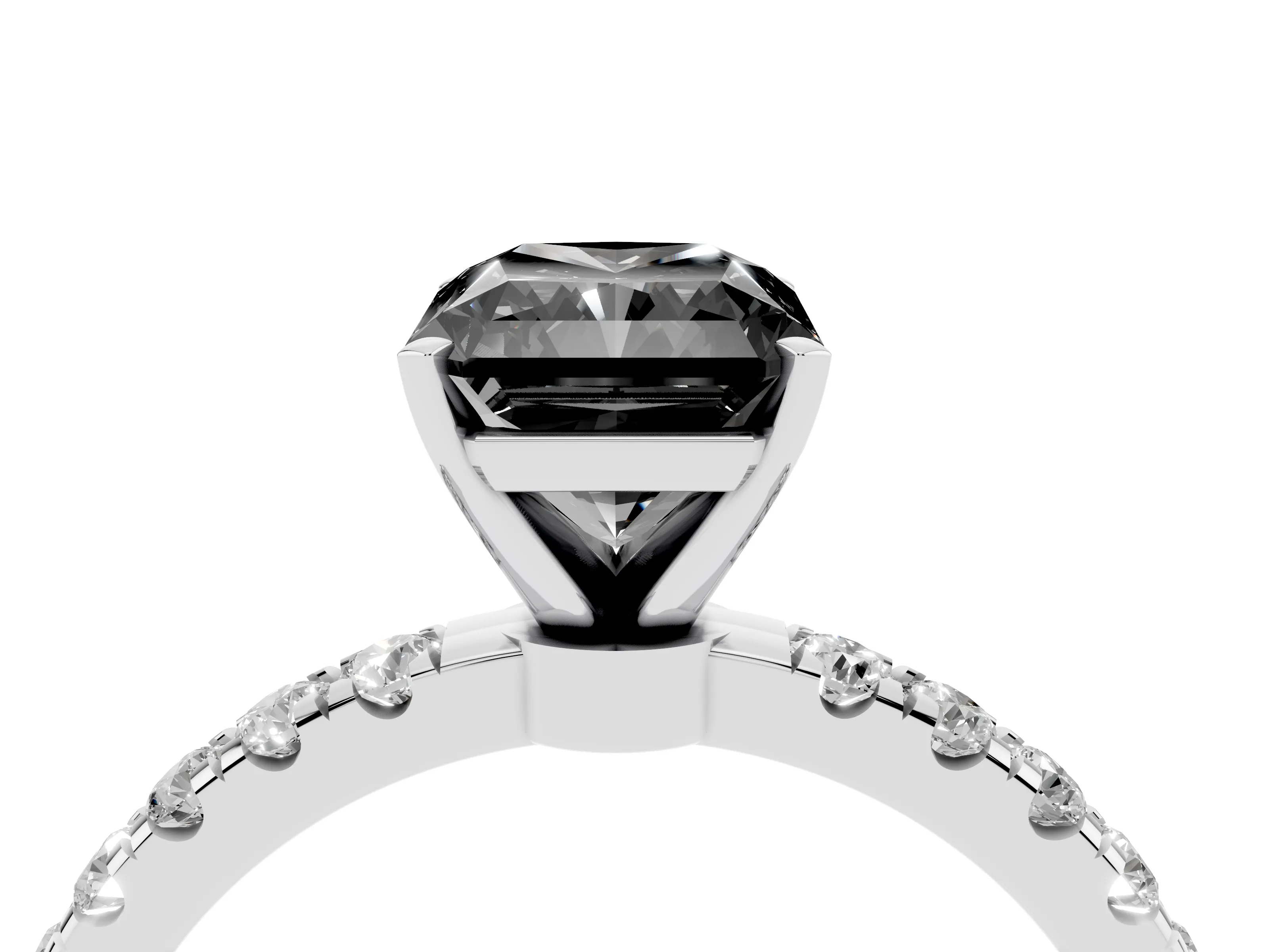 Fancy Black Radiant Cut Diamond Solitaire Ring Set in Platinum with Pavé Accents and Prong Setting