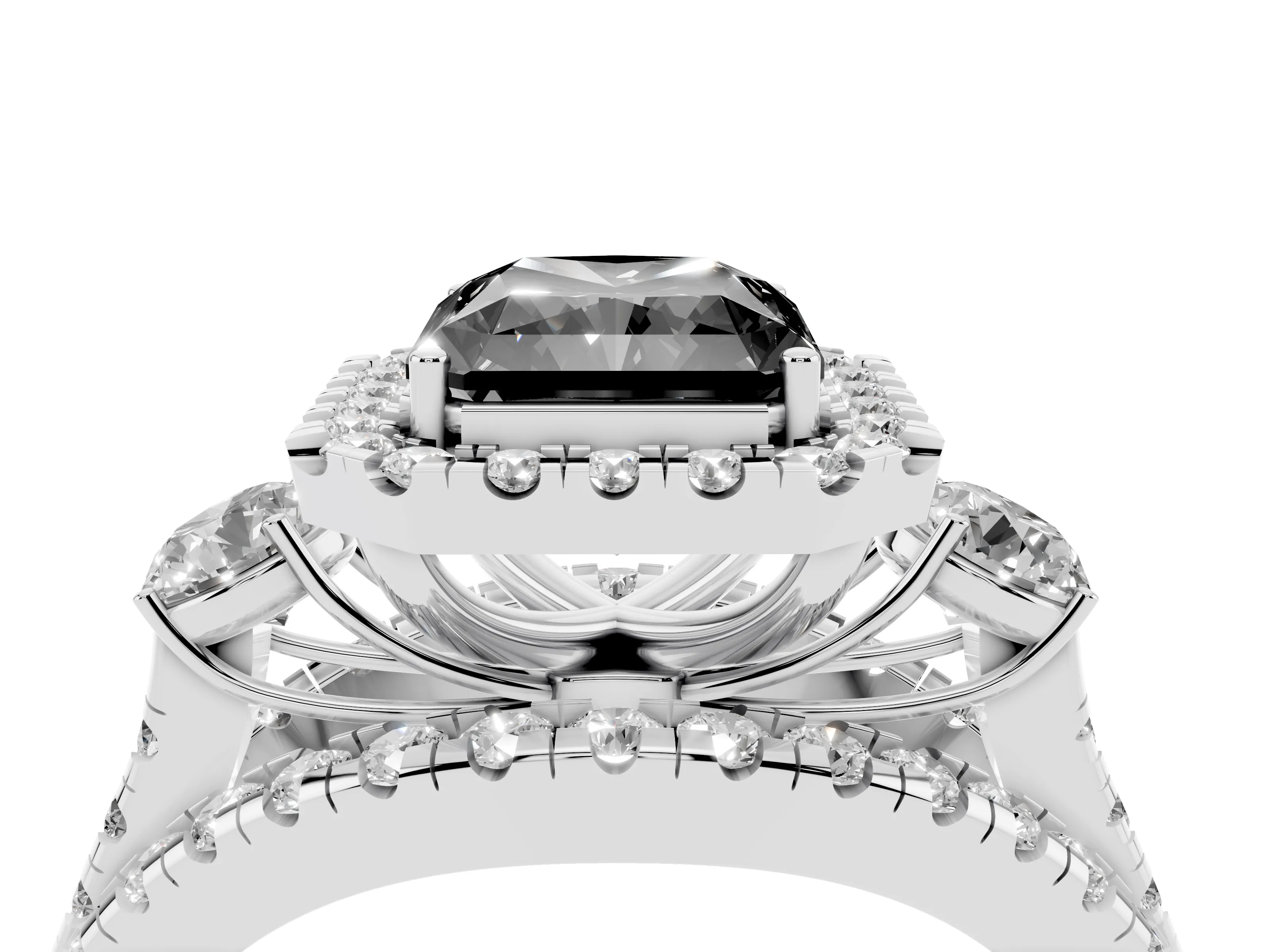 Fancy Black Radiant Cut Diamond Halo Split Shank Ring Set in White gold with Round Accent Stones and Prong Setting