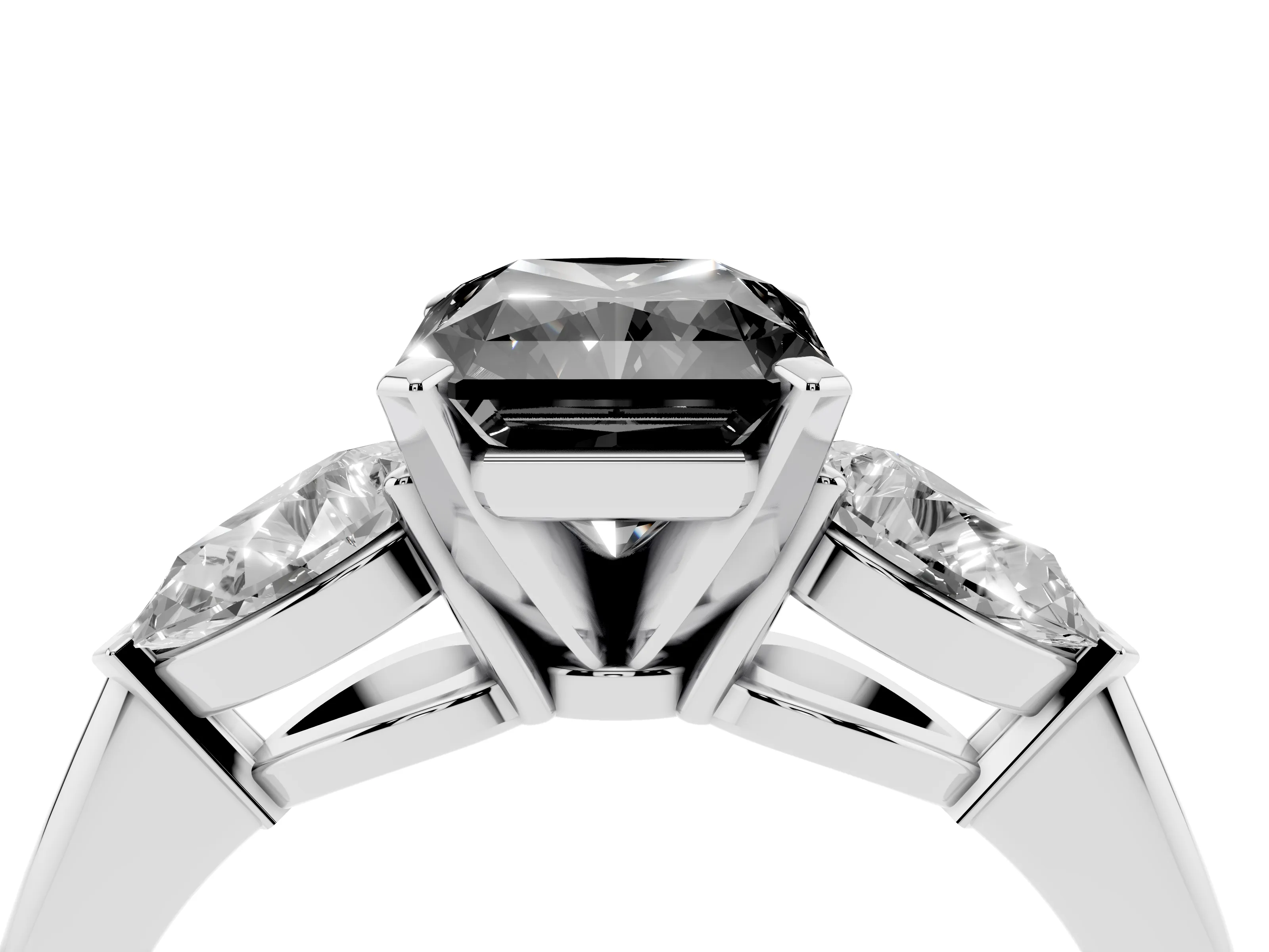 Fancy Black Three-Stone Radiant Cut Diamond Ring Set in White gold with Pear Side Stones and Prong Setting