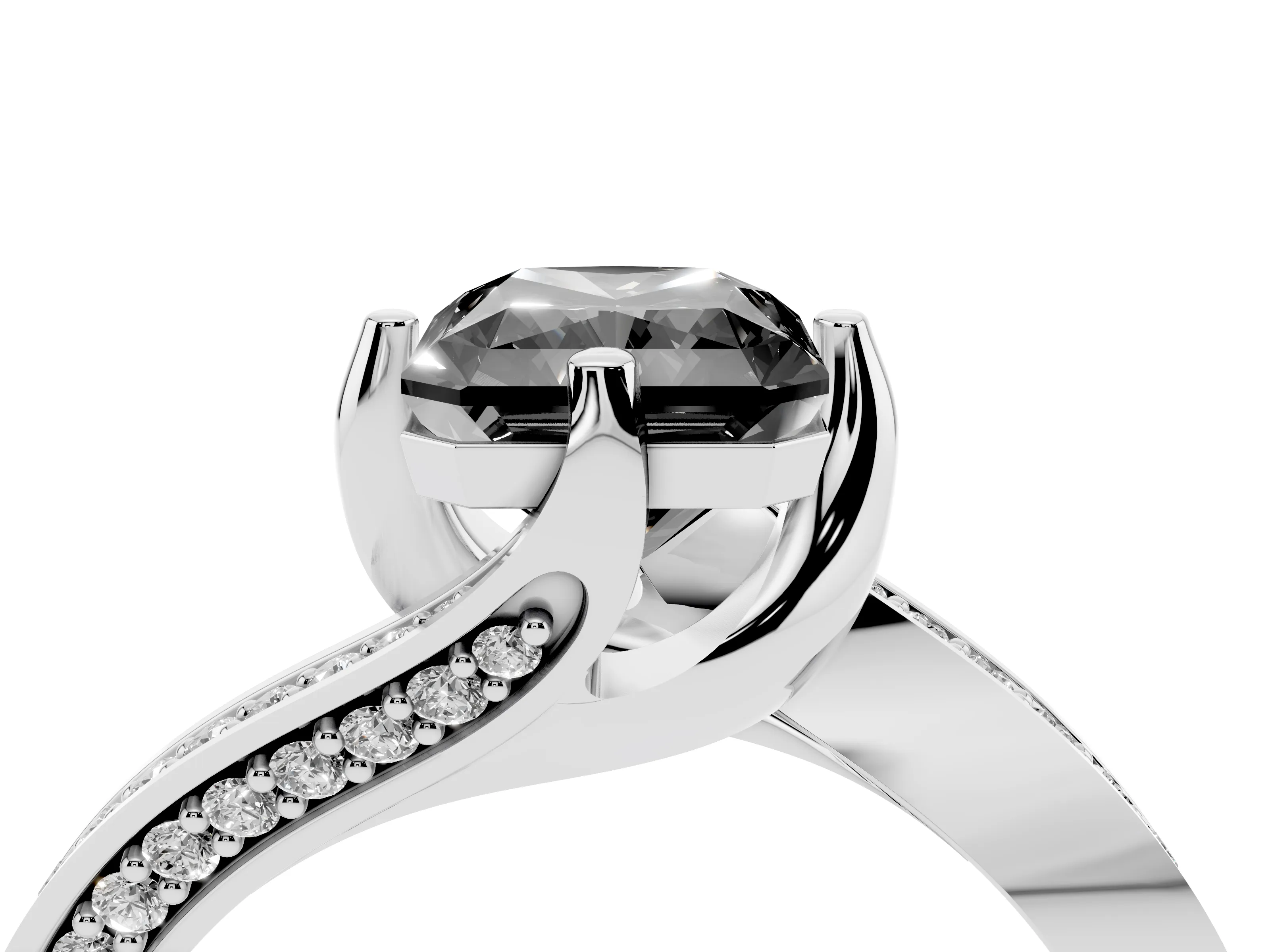 Fancy Black Radiant Cut Diamond Solitaire Ring Set in White gold with Intertwined Pavé Twist Band