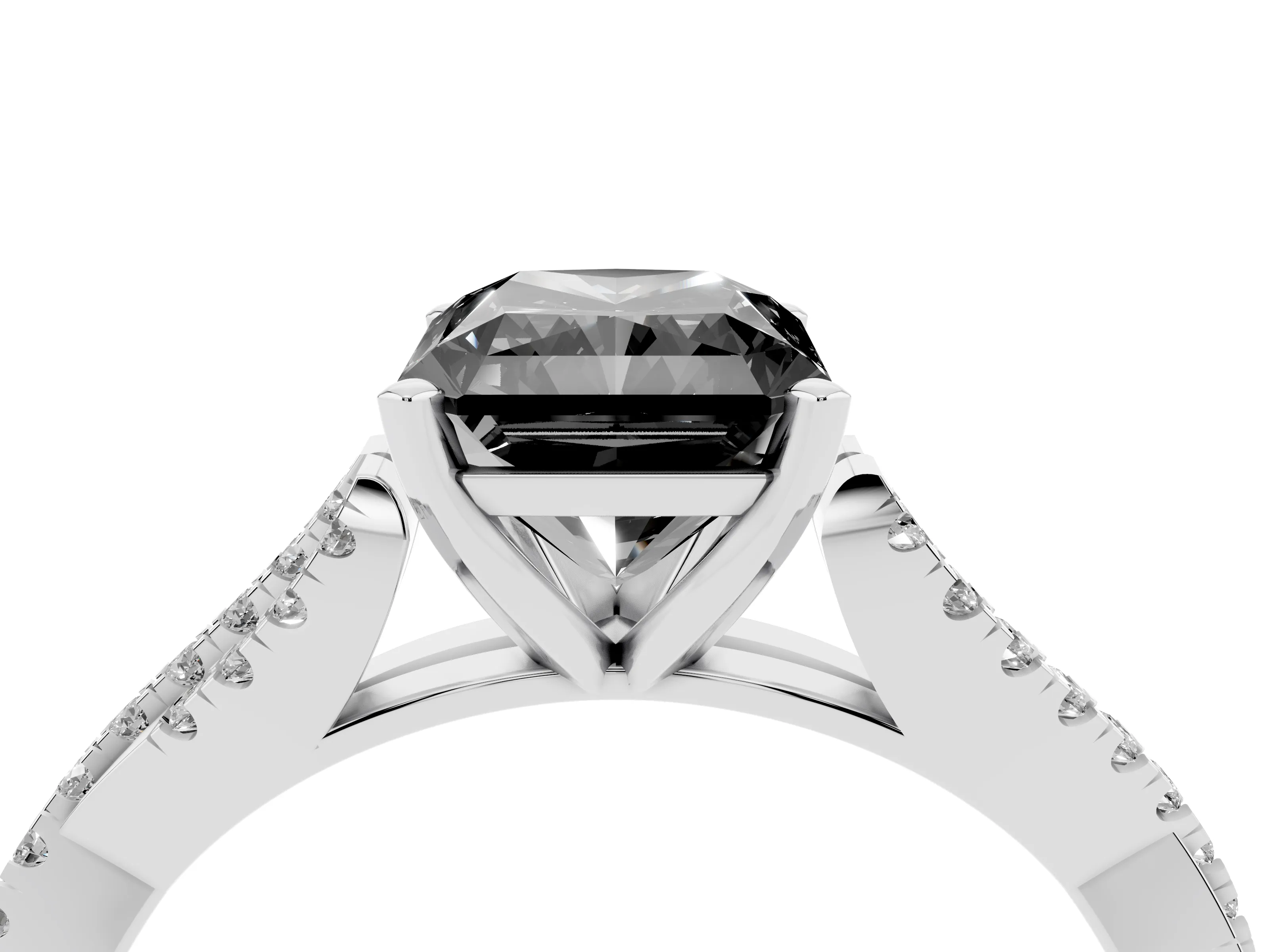 Fancy Black Radiant Cut Diamond Solitaire Engagement Ring Set in White gold with Twisted Pavé Band and Prong Setting