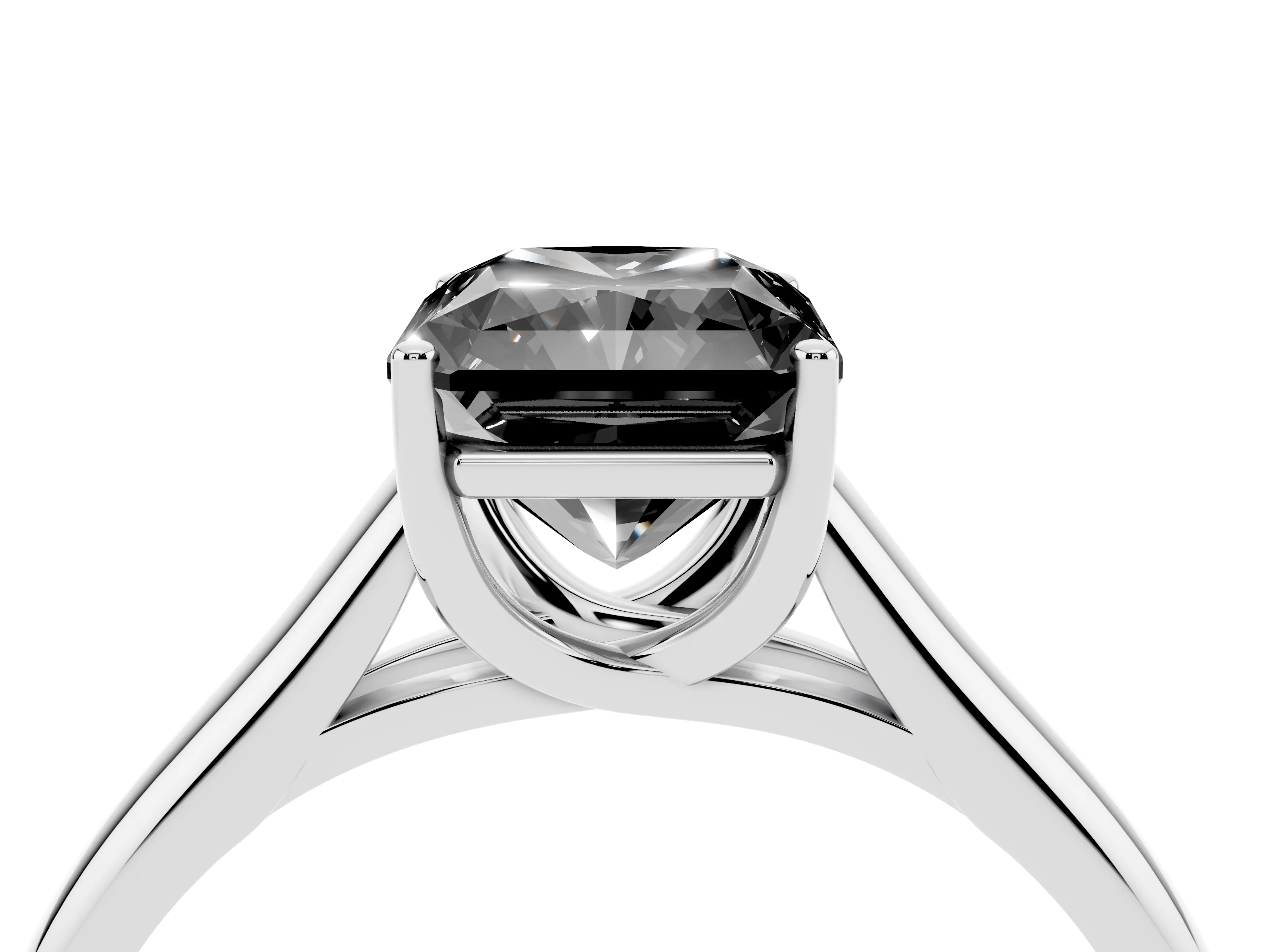Fancy Black Radiant Cut Diamond Solitaire Engagement Ring Set in White gold with Subtly Tapered Band and Prong Setting