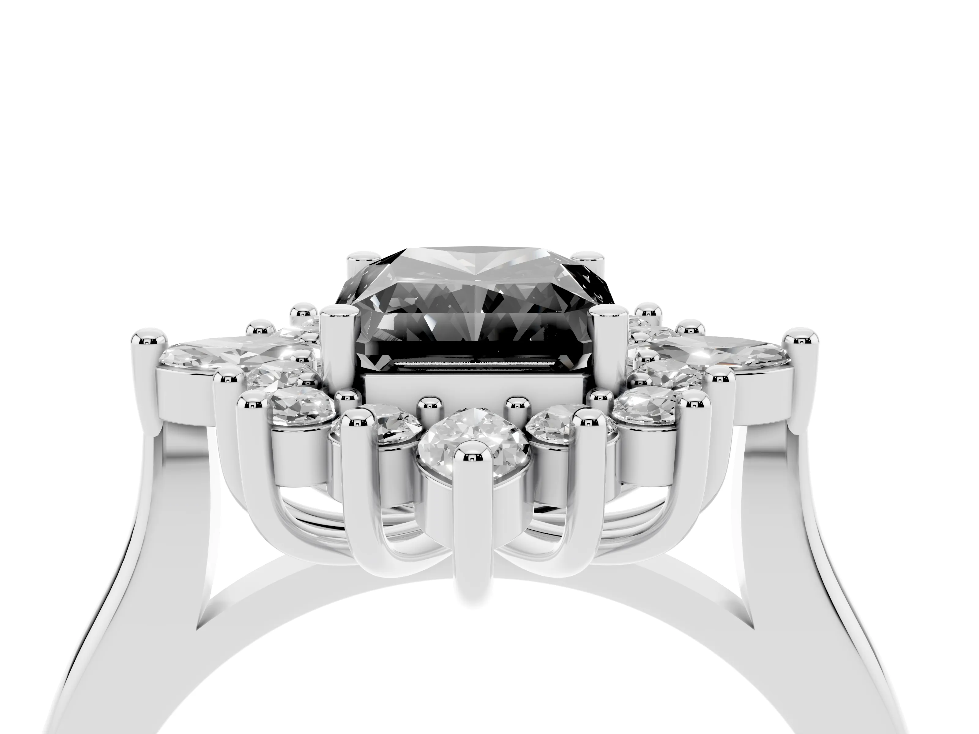 Fancy Black Radiant Cut Diamond Cluster Halo Ring Set in Platinum with Marquise and Round Accents